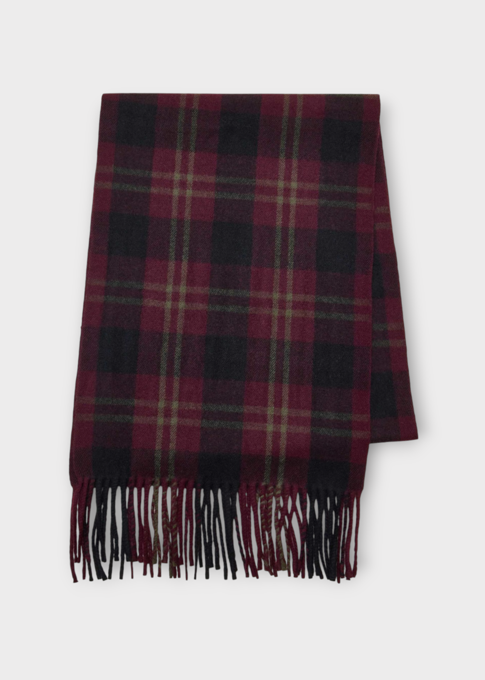 Undercover Undercover Scarf, Print, Wool & Cashmere Fringed Scarf in Bordeaux w/ Check Print