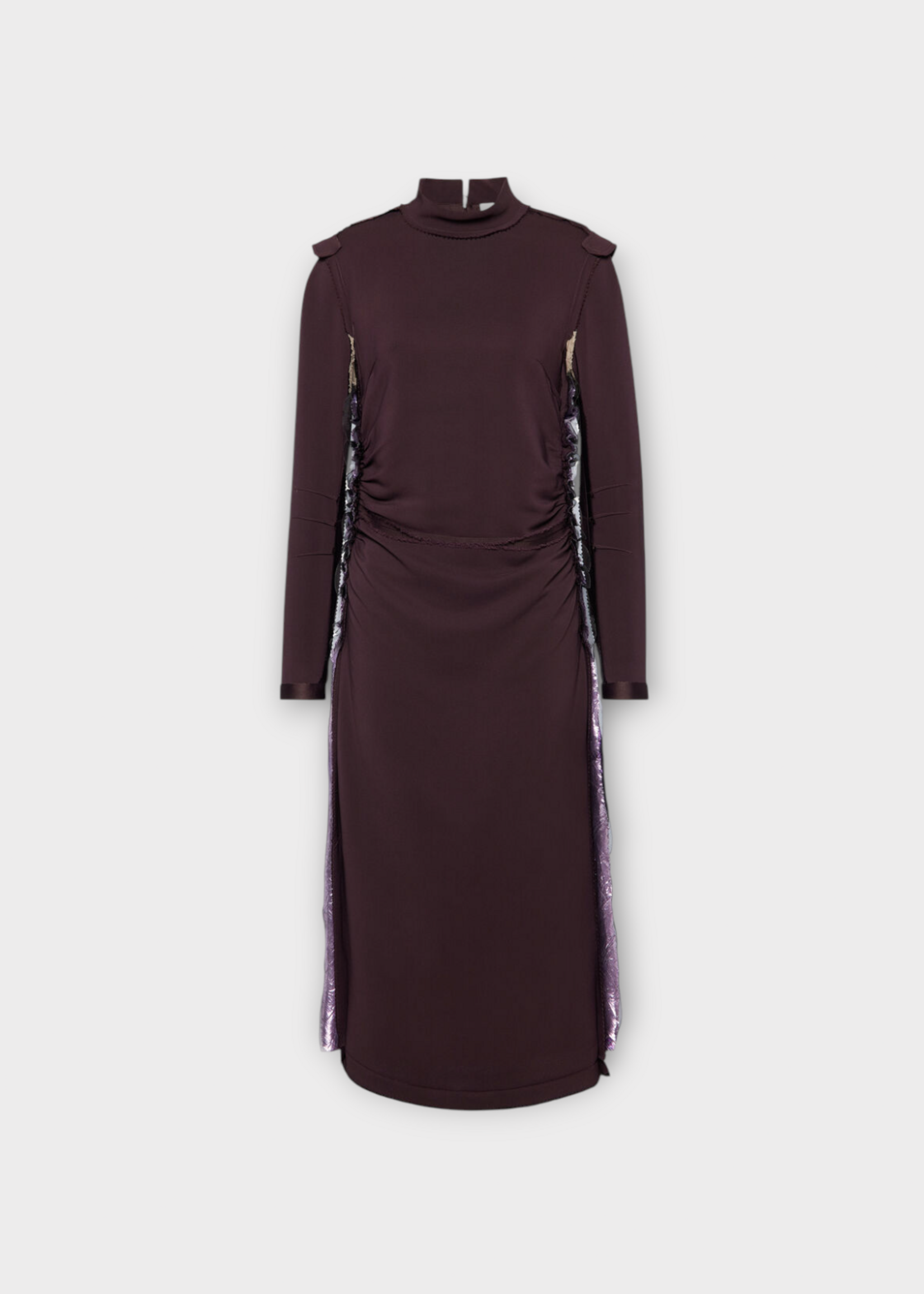 Maison Margiela Maison Margiela Dress, Purple, High Neck Long Sleeve Midi Dress In Prune w/ Lamé & Silk Inserts