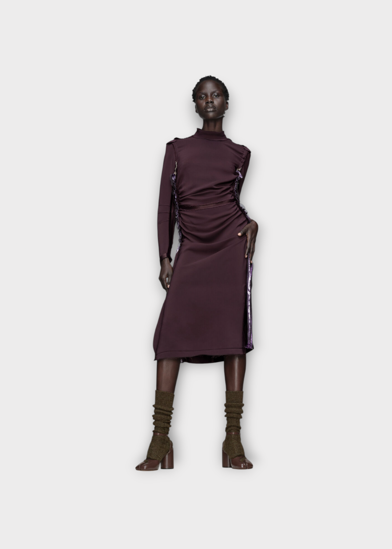 Maison Margiela Maison Margiela Dress, Purple, High Neck Long Sleeve Midi Dress In Prune w/ Lamé & Silk Inserts