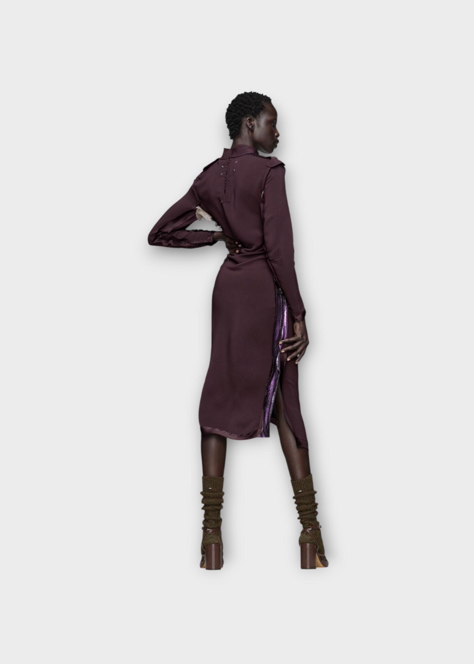 Maison Margiela Maison Margiela Dress, Purple, High Neck Long Sleeve Midi Dress In Prune w/ Lamé & Silk Inserts