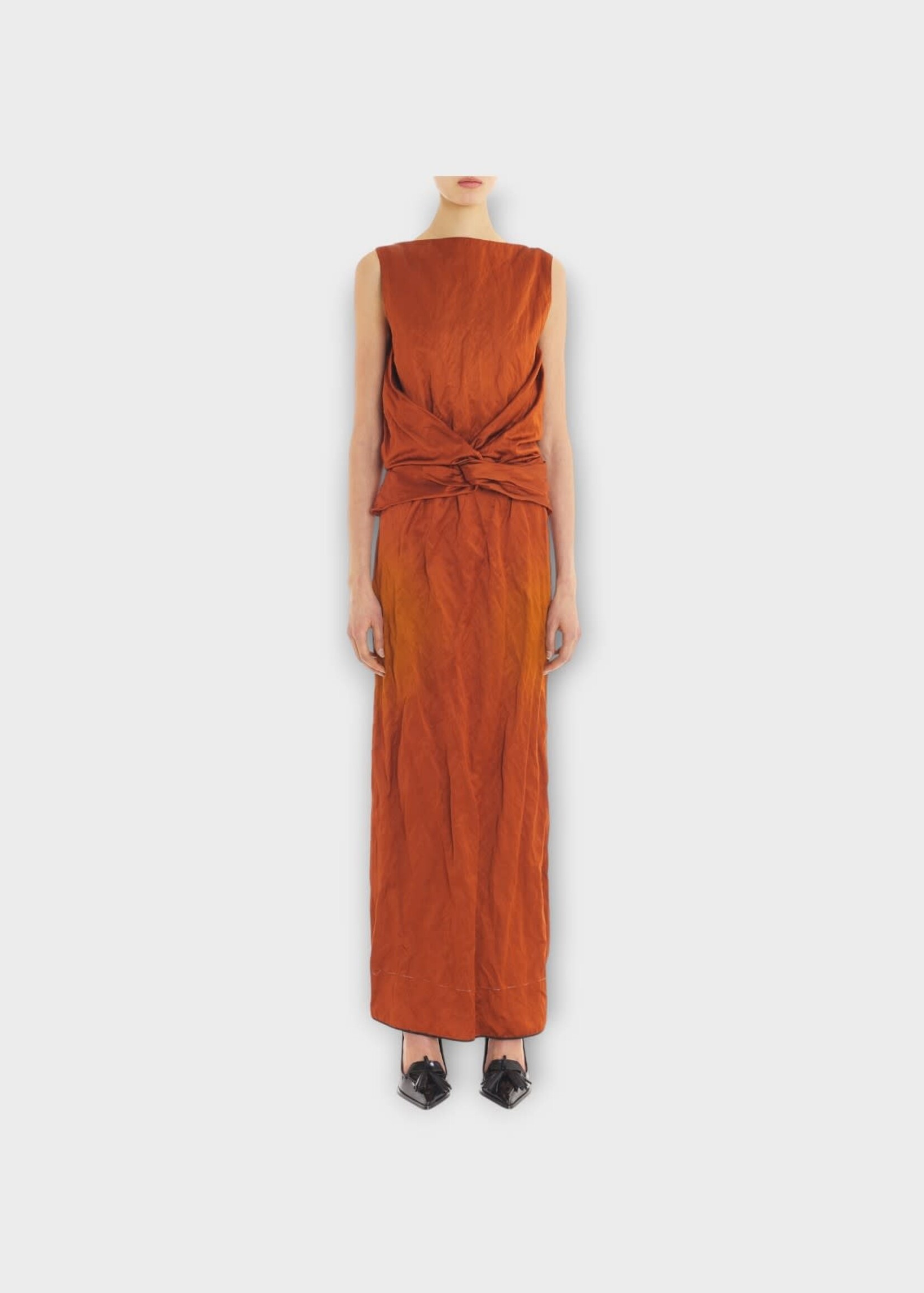 Lanvin Lanvin Dress, Brown, Sleeveless Crew Neck Back Cape Midi Dress In Chestnuts