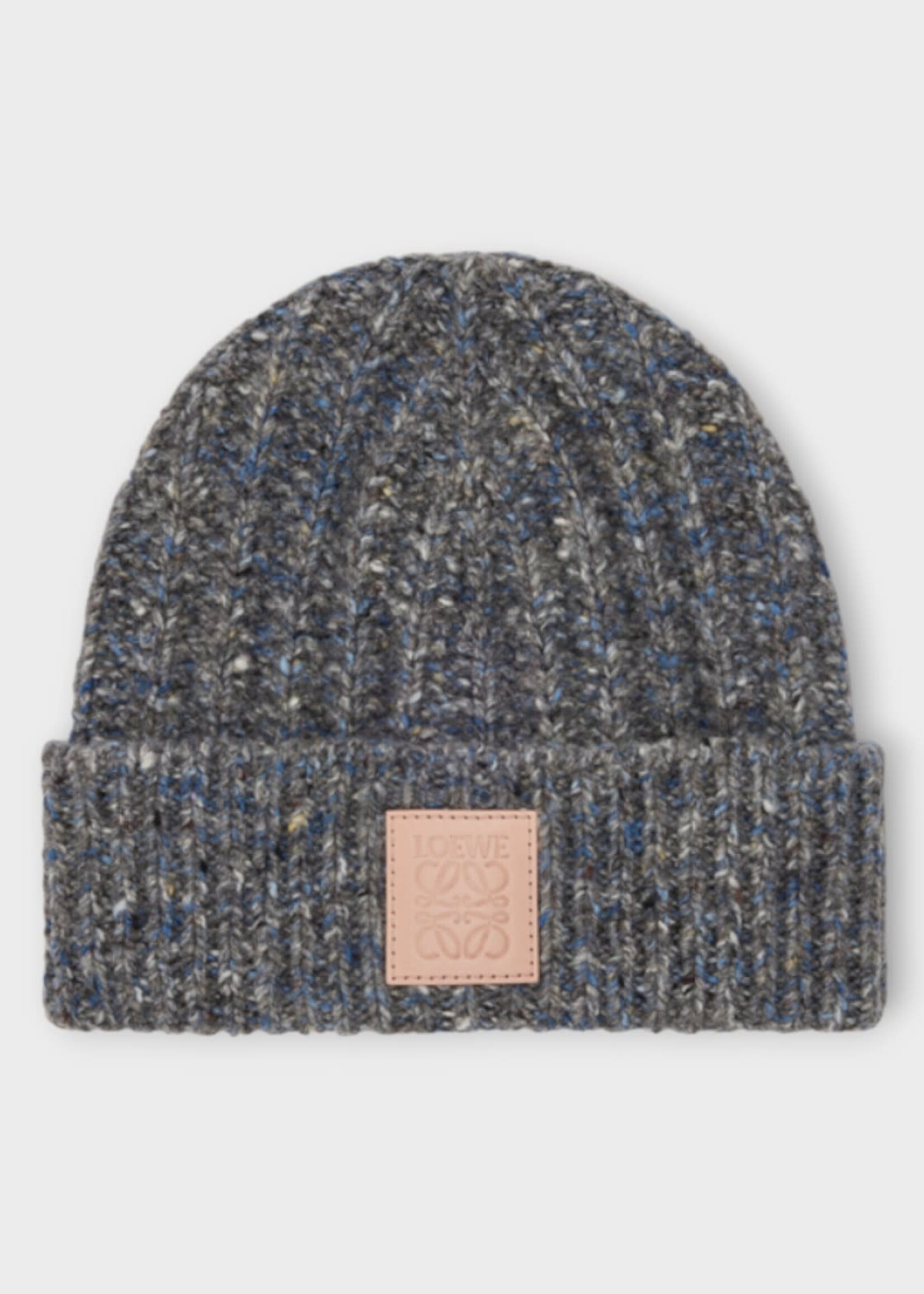 Loewe Loewe Hat, Multi, Wool & Cashmere Beanie In Grey & Blue Melange w/ Anagram Patch