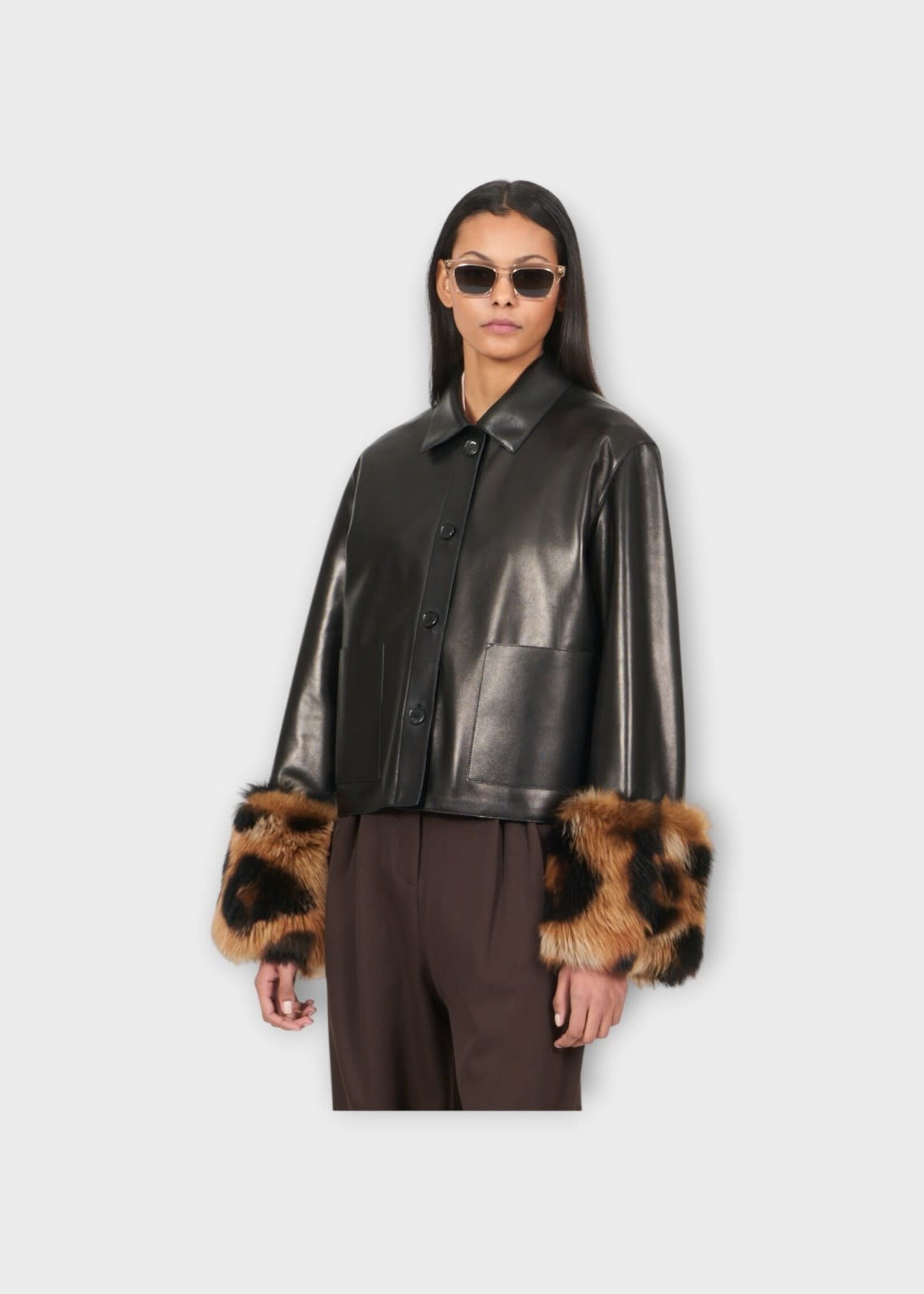 Loewe Loewe Jacket, Black, Nappa Turn-Up Collared Jacket In Black w/ Detachable Printed Shearling Cuffs