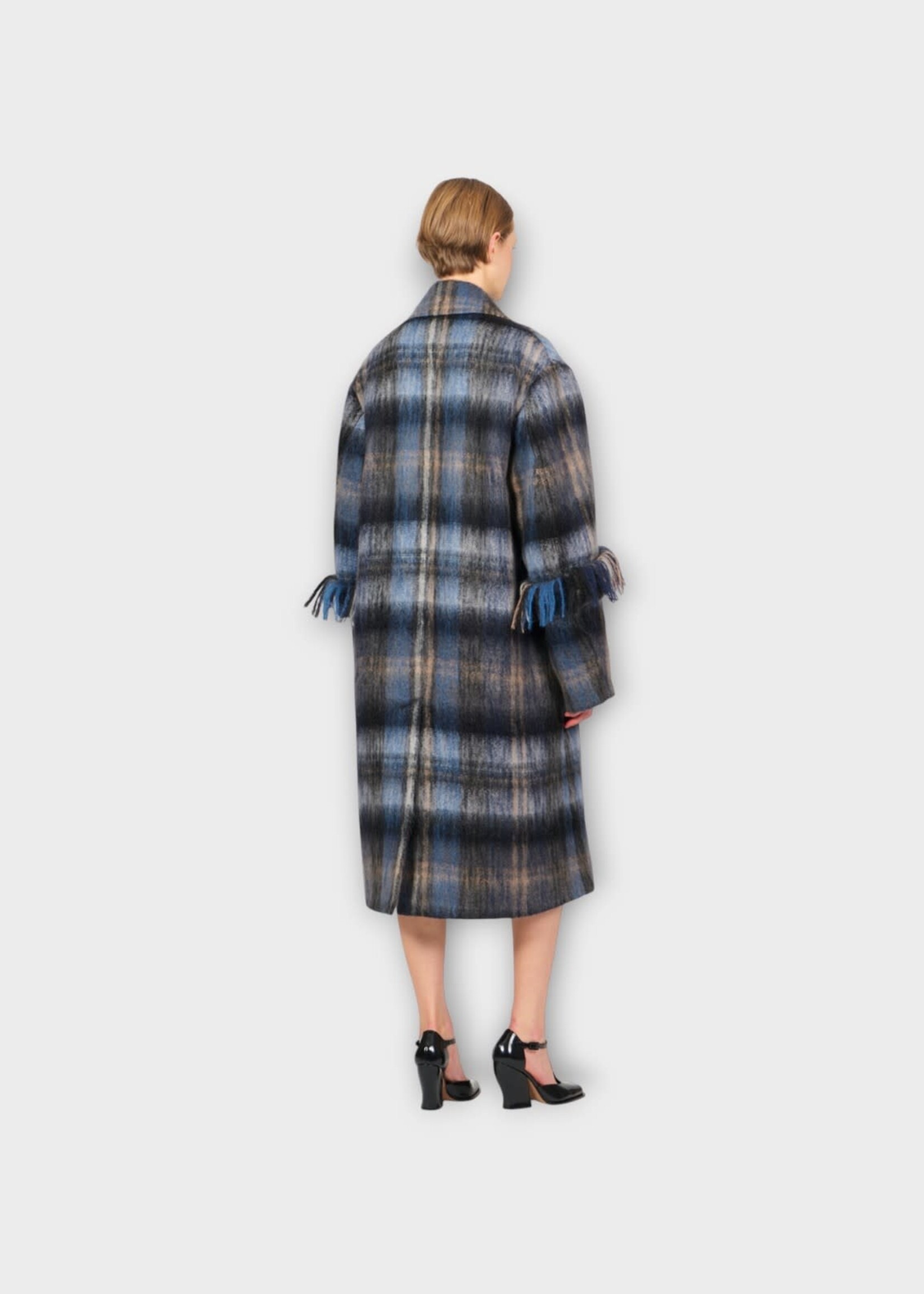 Loewe Loewe Coat, Multi, Mohair & Wool Mix Relaxed Mid Length Coat In Blue & Multicolour w/ Fringes Detail