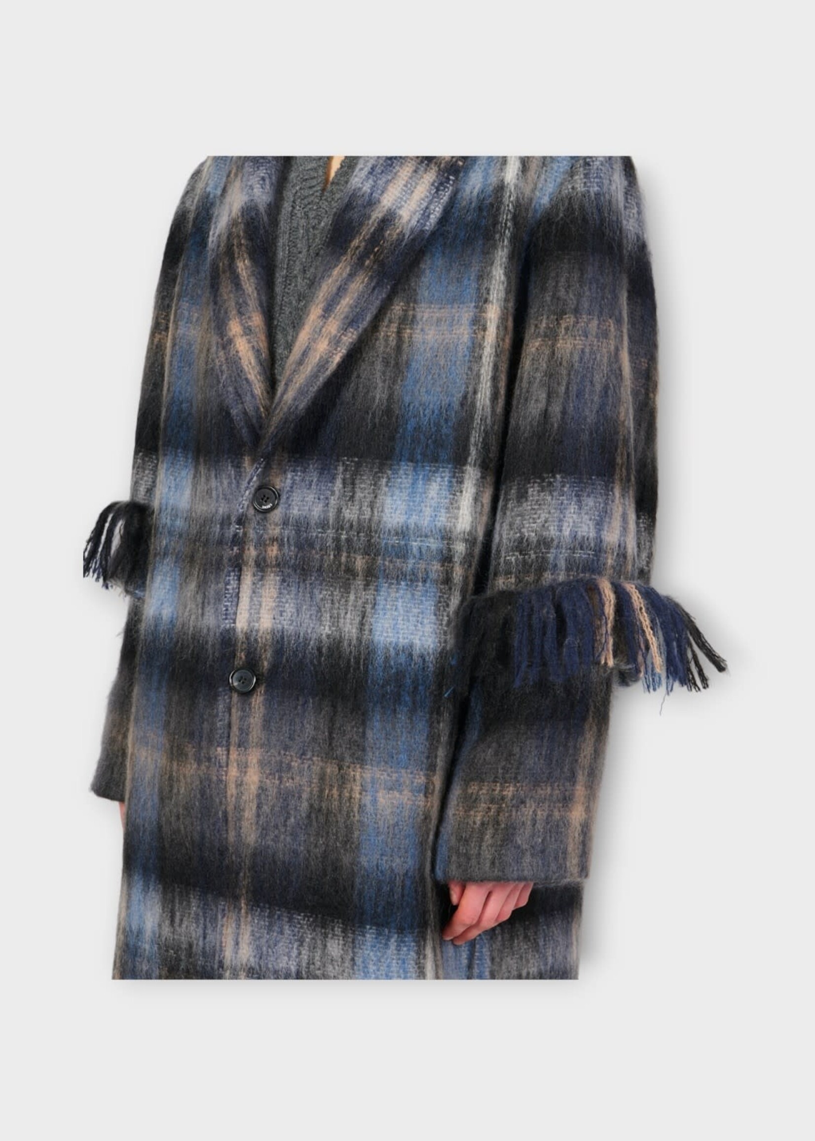 Loewe Loewe Coat, Multi, Mohair & Wool Mix Relaxed Mid Length Coat In Blue & Multicolour w/ Fringes Detail