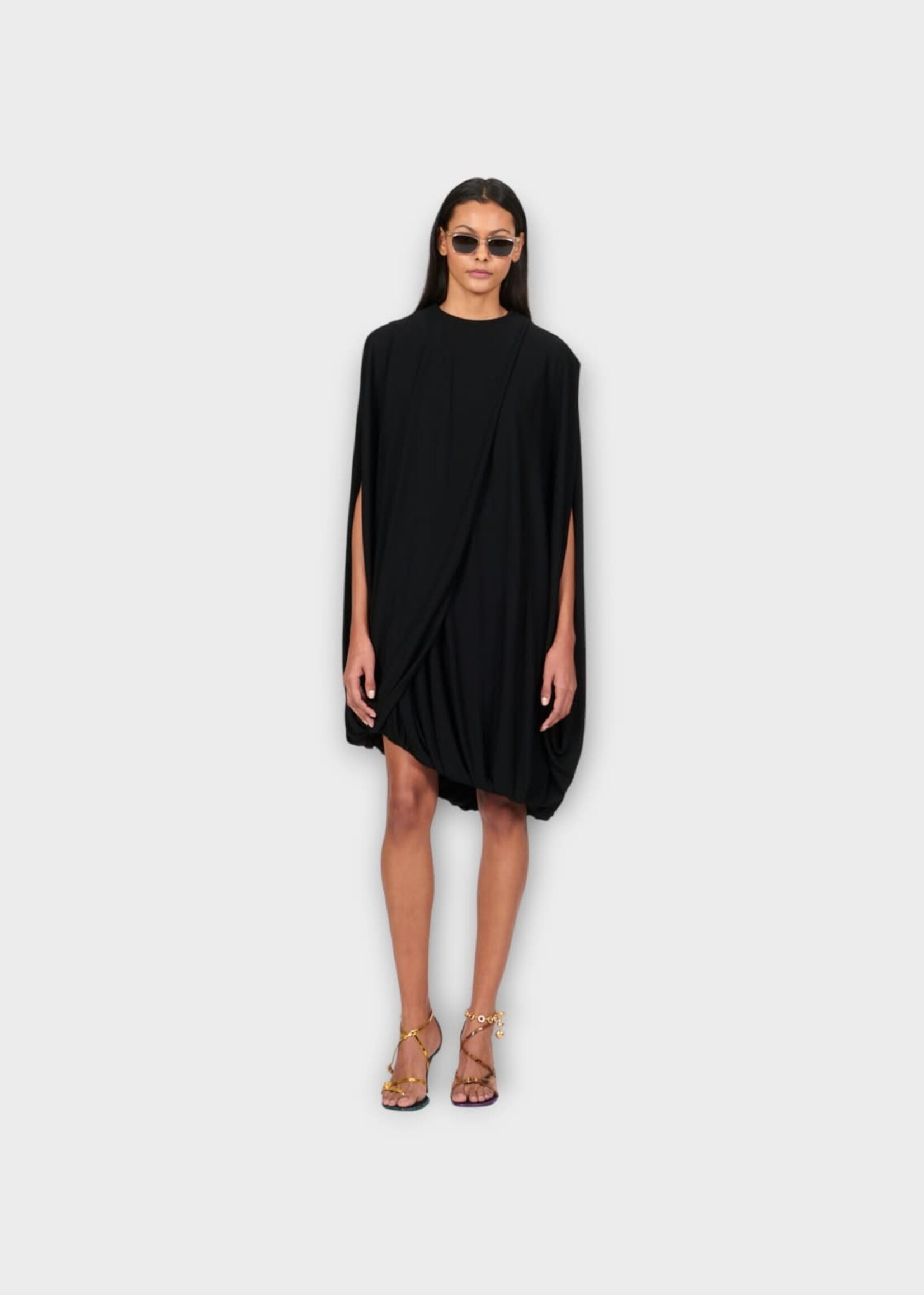 Loewe Loewe Dress, Black, Crew Neck Asymmetric Draped Knee Length Dress In Black