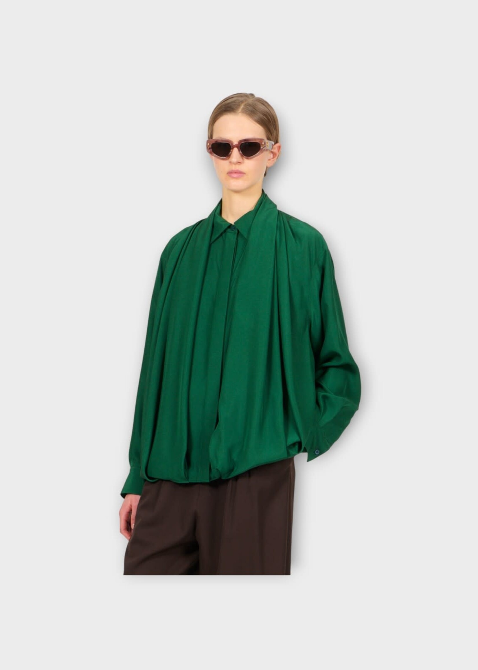 Loewe Loewe Shirt, Green, Silk Relaxed Fit Draped Shirt In Dark Green