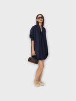 Loewe Loewe Dress, Navy, Cotton V-Neck Draped Mini Dress In Navy Blue