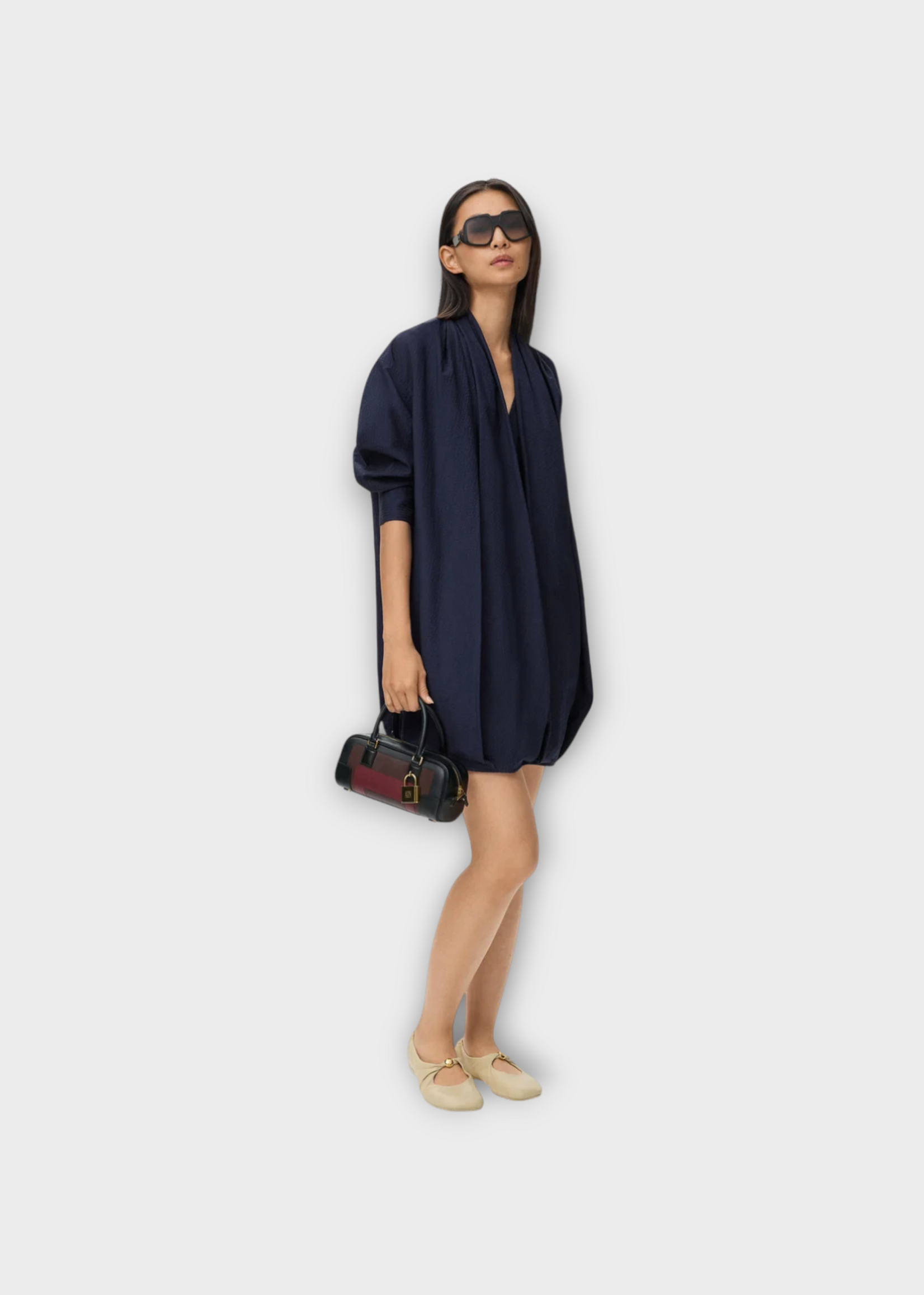 Loewe Loewe Dress, Navy, Cotton V-Neck Draped Mini Dress In Navy Blue