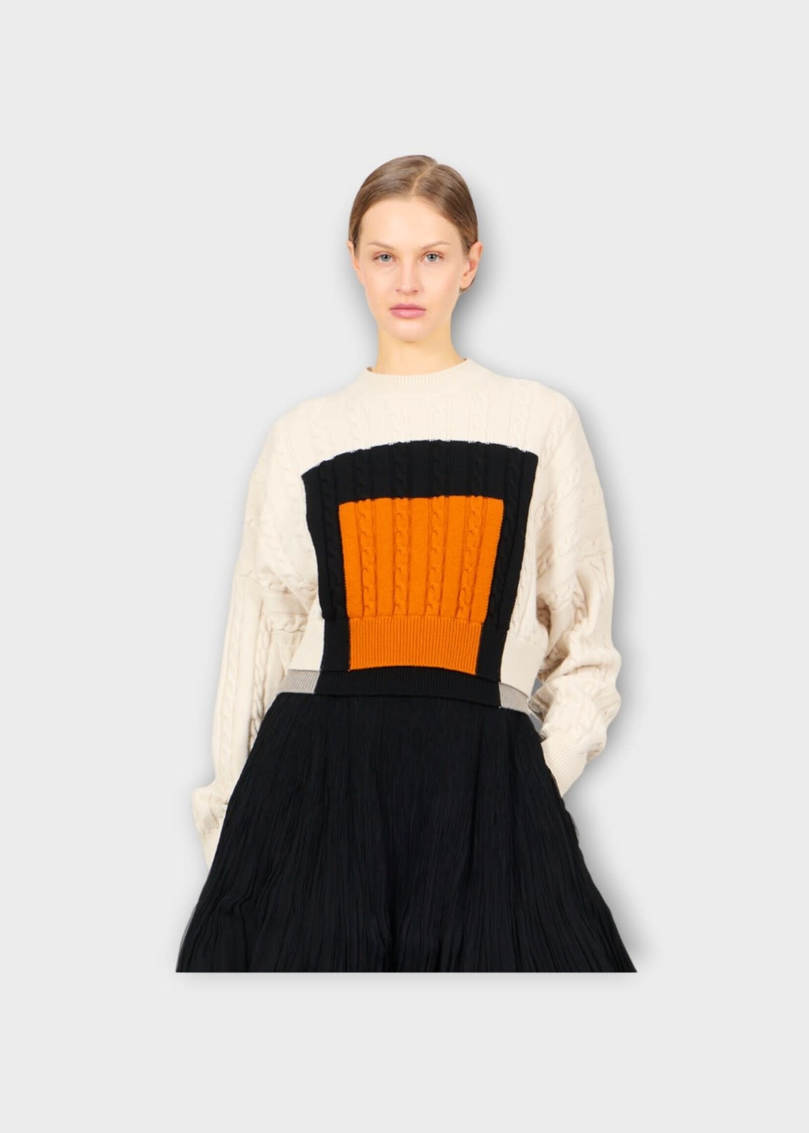 Loewe Loewe Knitwear, Multi, Wool Cable Knit Crew Neck Short Sweater In Light Ghost & Ginger Orange