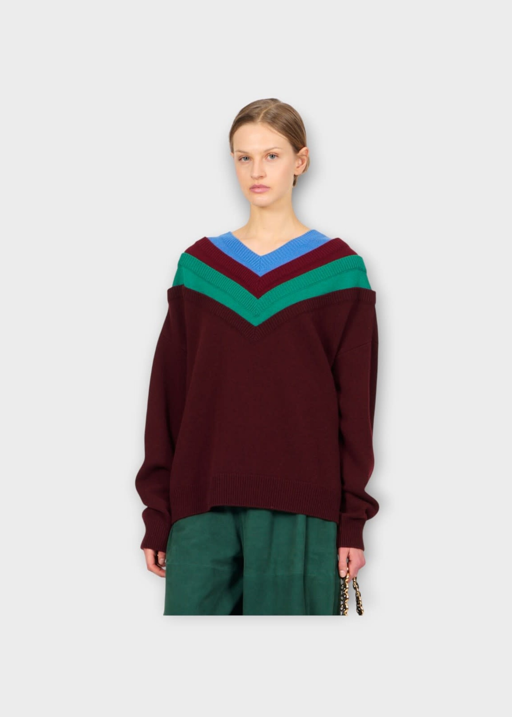 Loewe Loewe Knitwear, Multi, Wool Relaxed Fit V-Neck Sweater In Green Red & Multicolour
