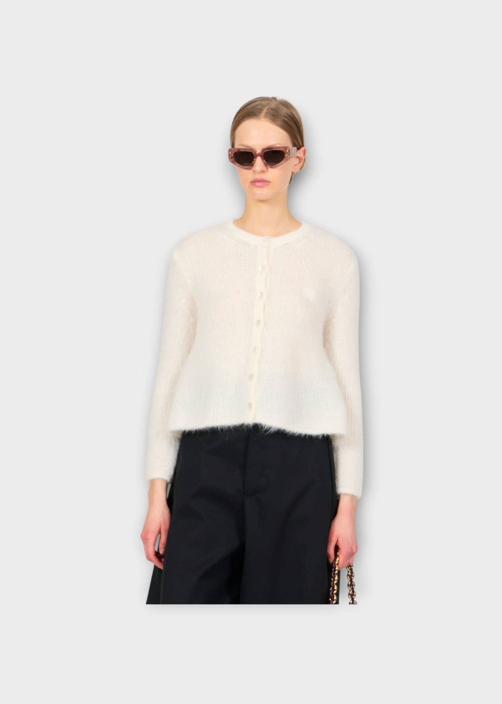 Loewe Loewe Knitwear, White, Wool & Mohair Mix Crew Neck Buttoned Trapeze Cardigan In White