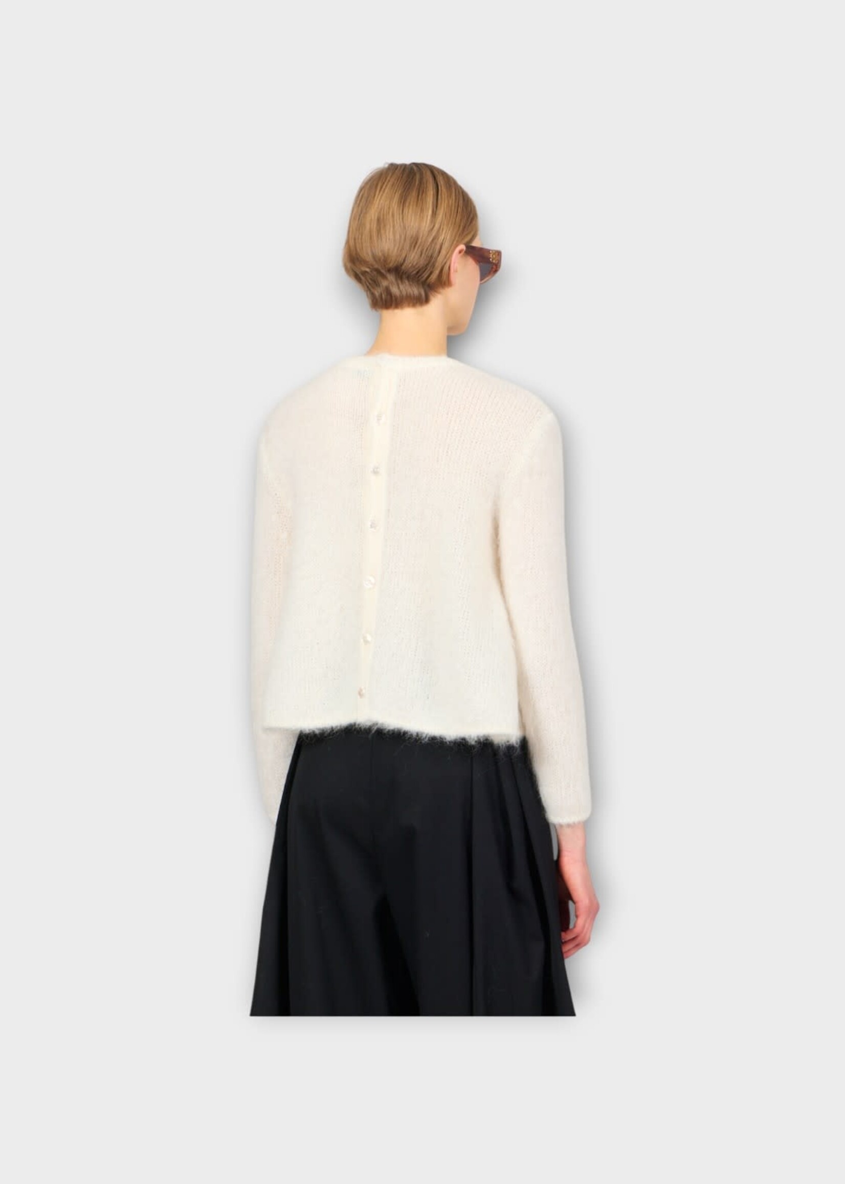 Loewe Loewe Knitwear, White, Wool & Mohair Mix Crew Neck Buttoned Trapeze Cardigan In White
