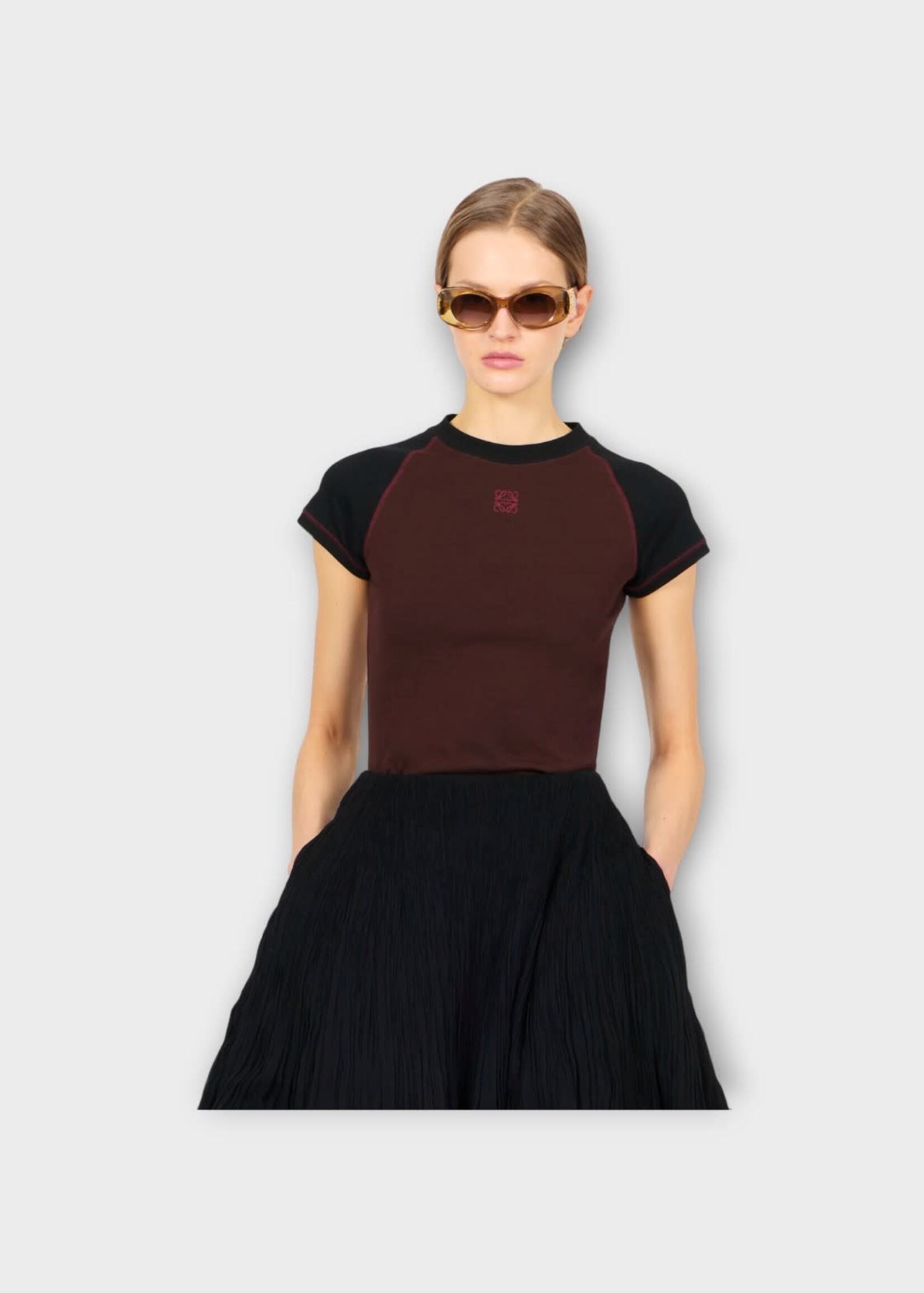 Loewe Loewe T-Shirt, Multi, Cotton Mix Small Fit T-Shirt In Black & Burgundy w/ Anagram Embroidery