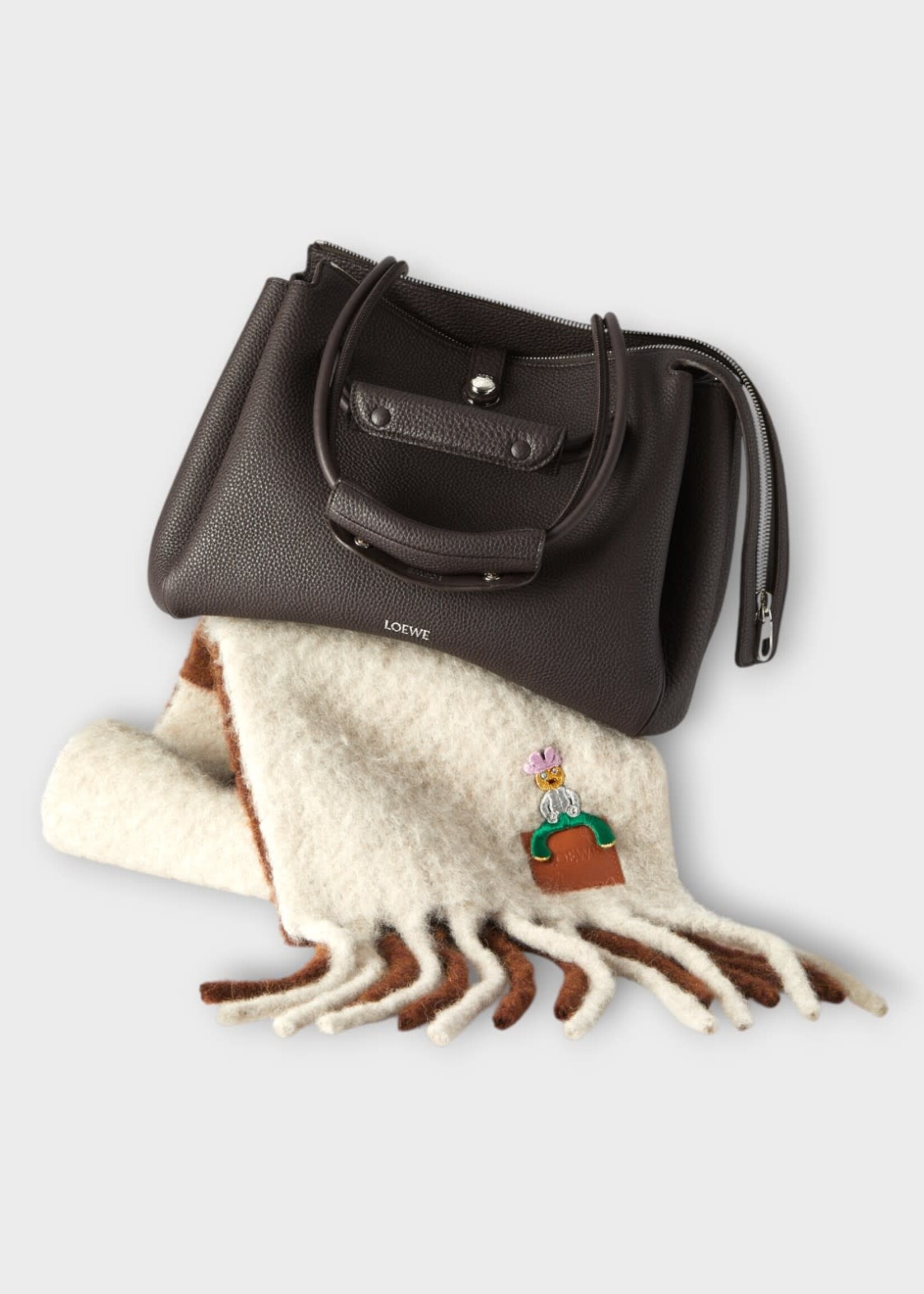 Loewe Loewe Scarf, Multi, Alpaca & Wool 23X180 Two-Tone Fringed Scarf In Light Grey & Brown