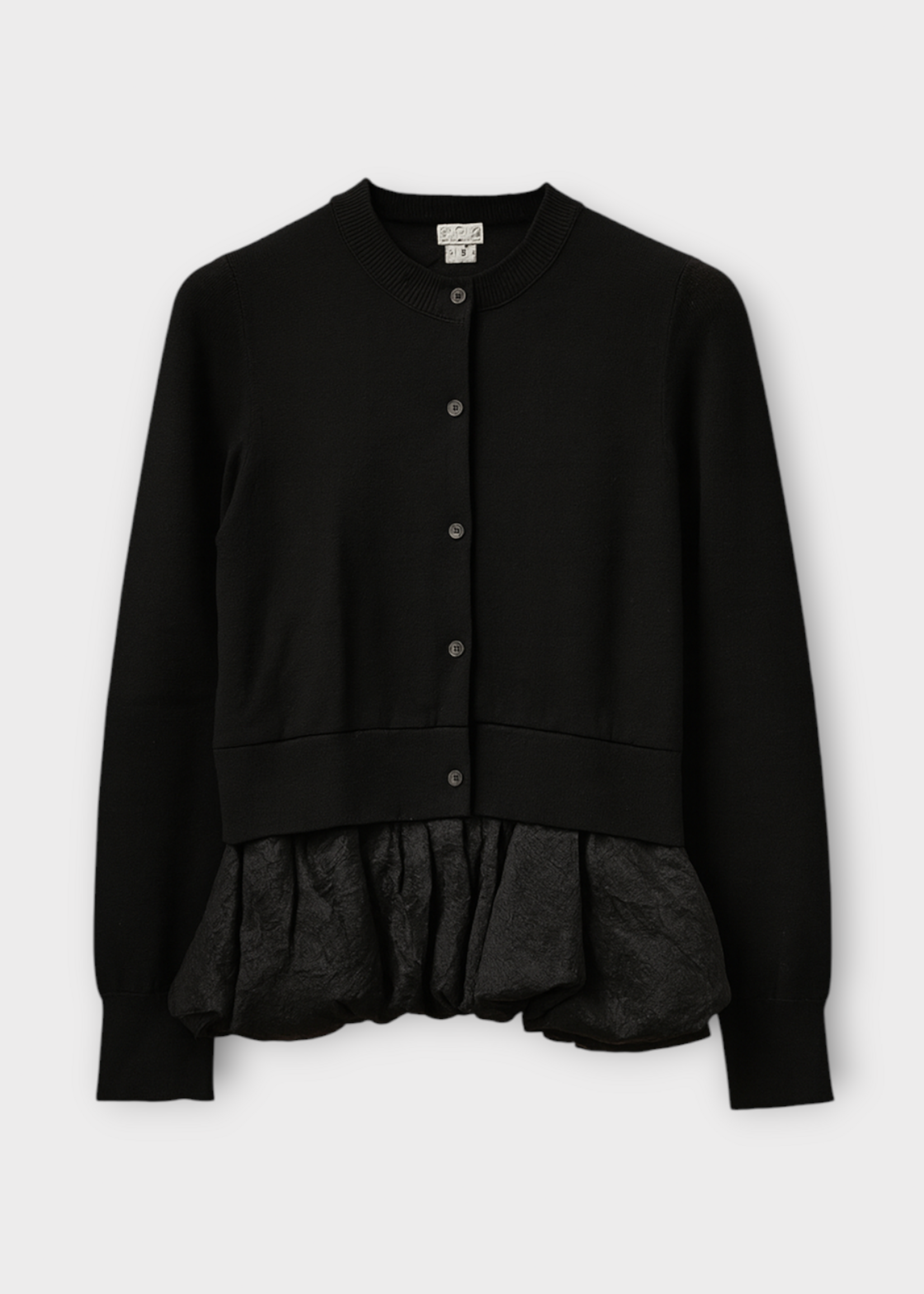 Noir Kei Ninomiya Noir Kei Ninomiya Knitwear, Black, Satin & Wool Crew Neck Layered Cardigan