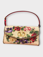 Valentino Valentino Bag, Multi, Linen Shoulder Bag In Multicolour Natural & Red w/ Flower Embroidery