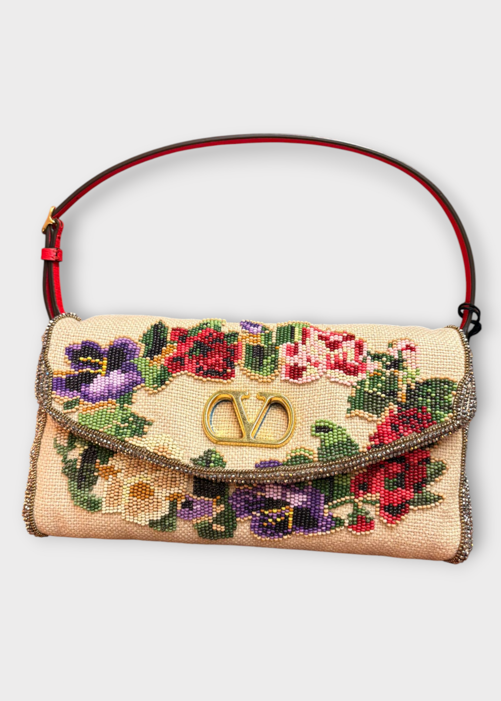 Valentino Valentino Bag, Multi, Linen Shoulder Bag In Multicolour Natural & Red w/ Flower Embroidery
