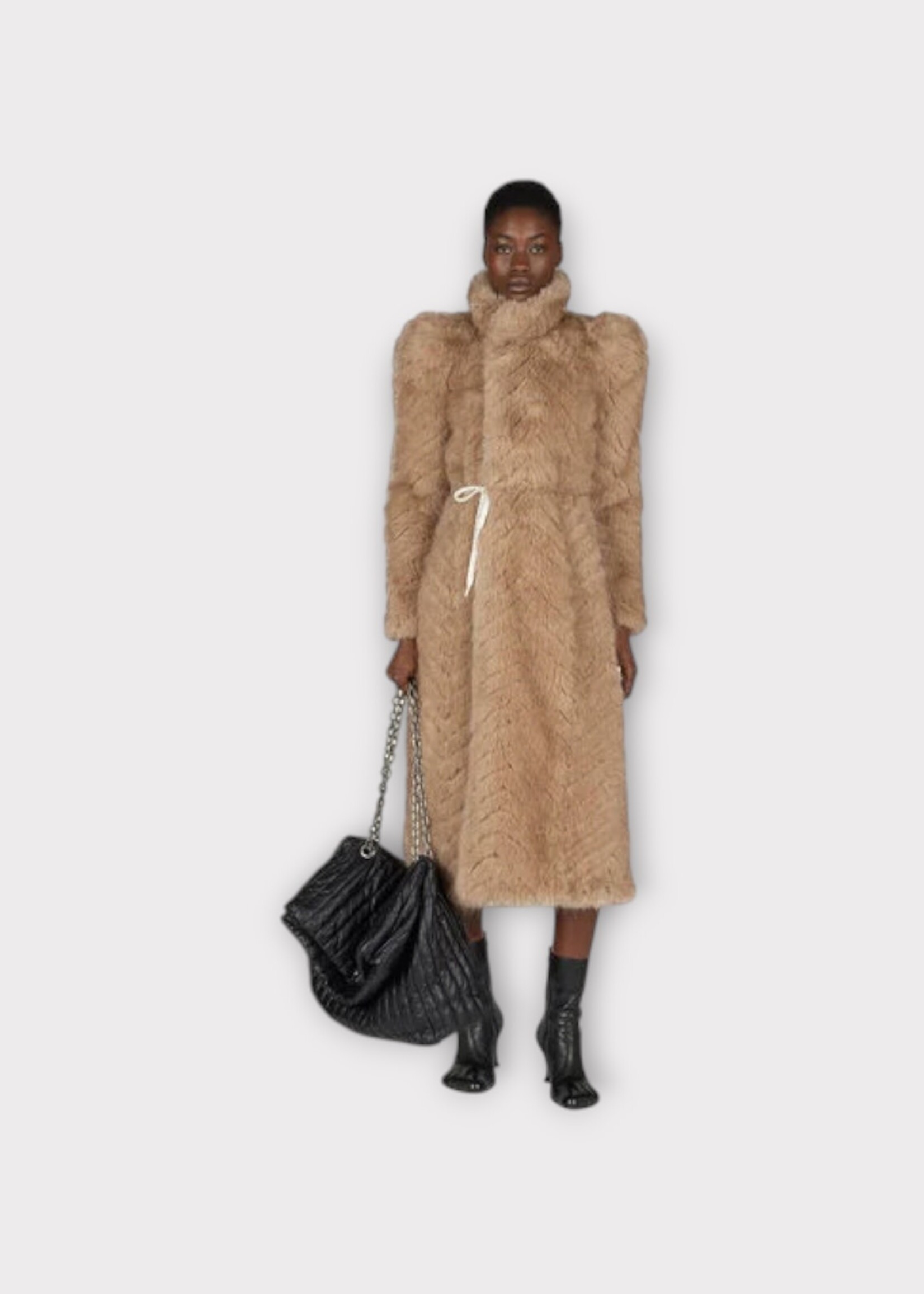 Balenciaga Balenciaga Coat, Beige, Faux Fur Collared Round Shoulder Long Coat
