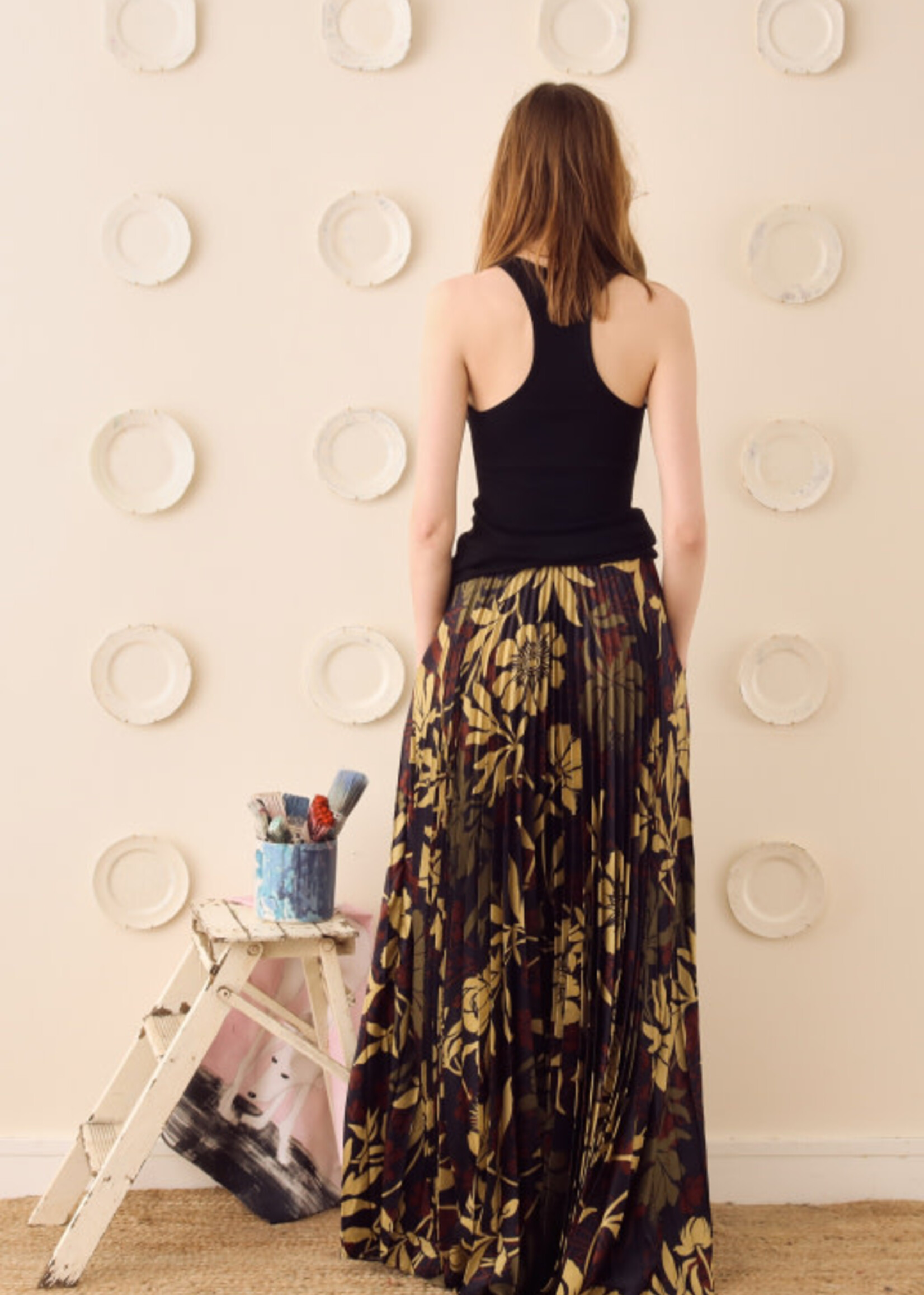 S.S.Daley S.S. Daley Skirt, Print, Kate Crepe Satin Pleated Long Skirt in Brown w/ Floral Print