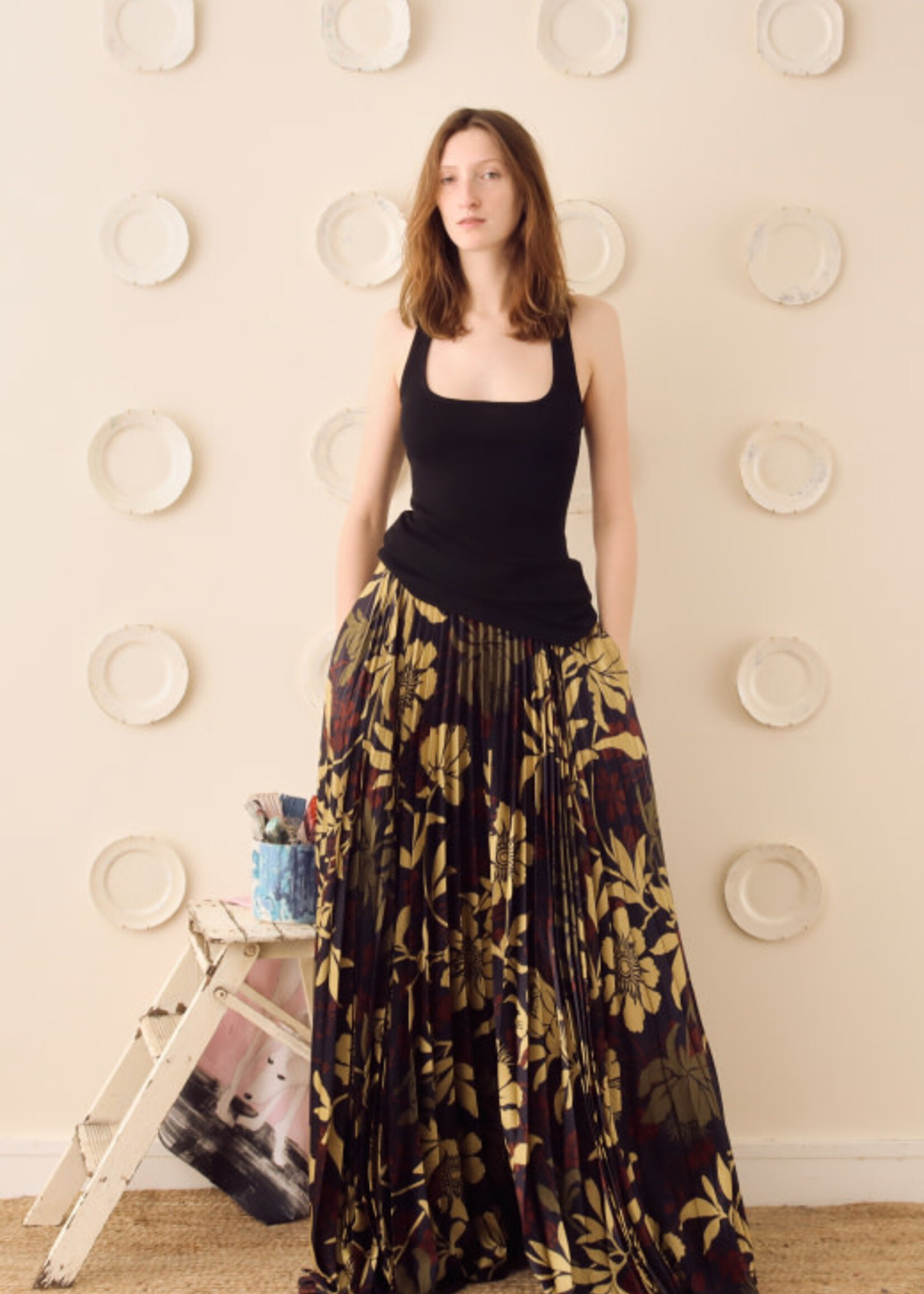 S.S.Daley S.S. Daley Skirt, Print, Kate Crepe Satin Pleated Long Skirt in Brown w/ Floral Print