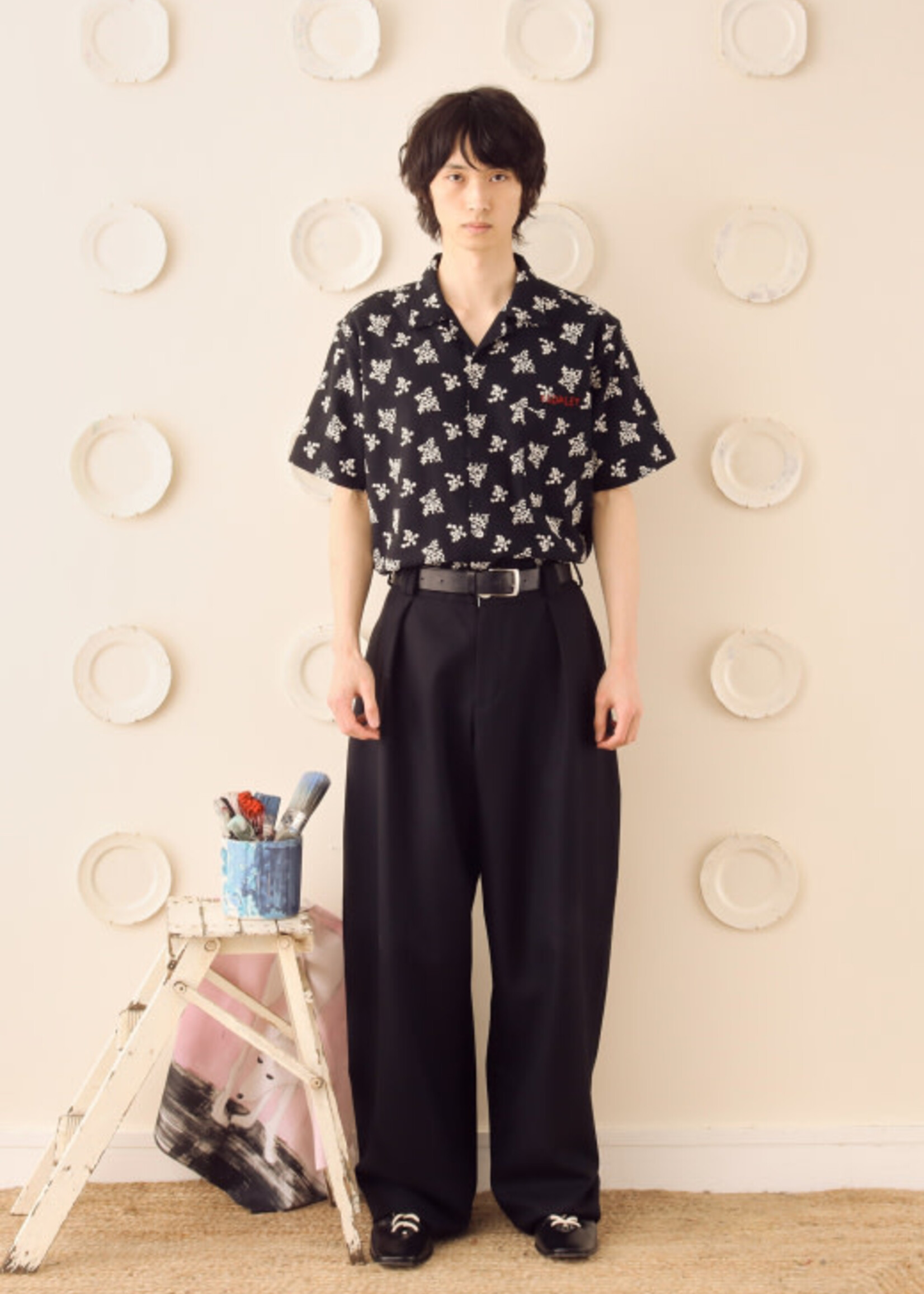 S.S.Daley S.S. Daley Shirt, Multi, Linen Turing Short Sleeve Shirt Black & Ecru w / Floral Embroidery