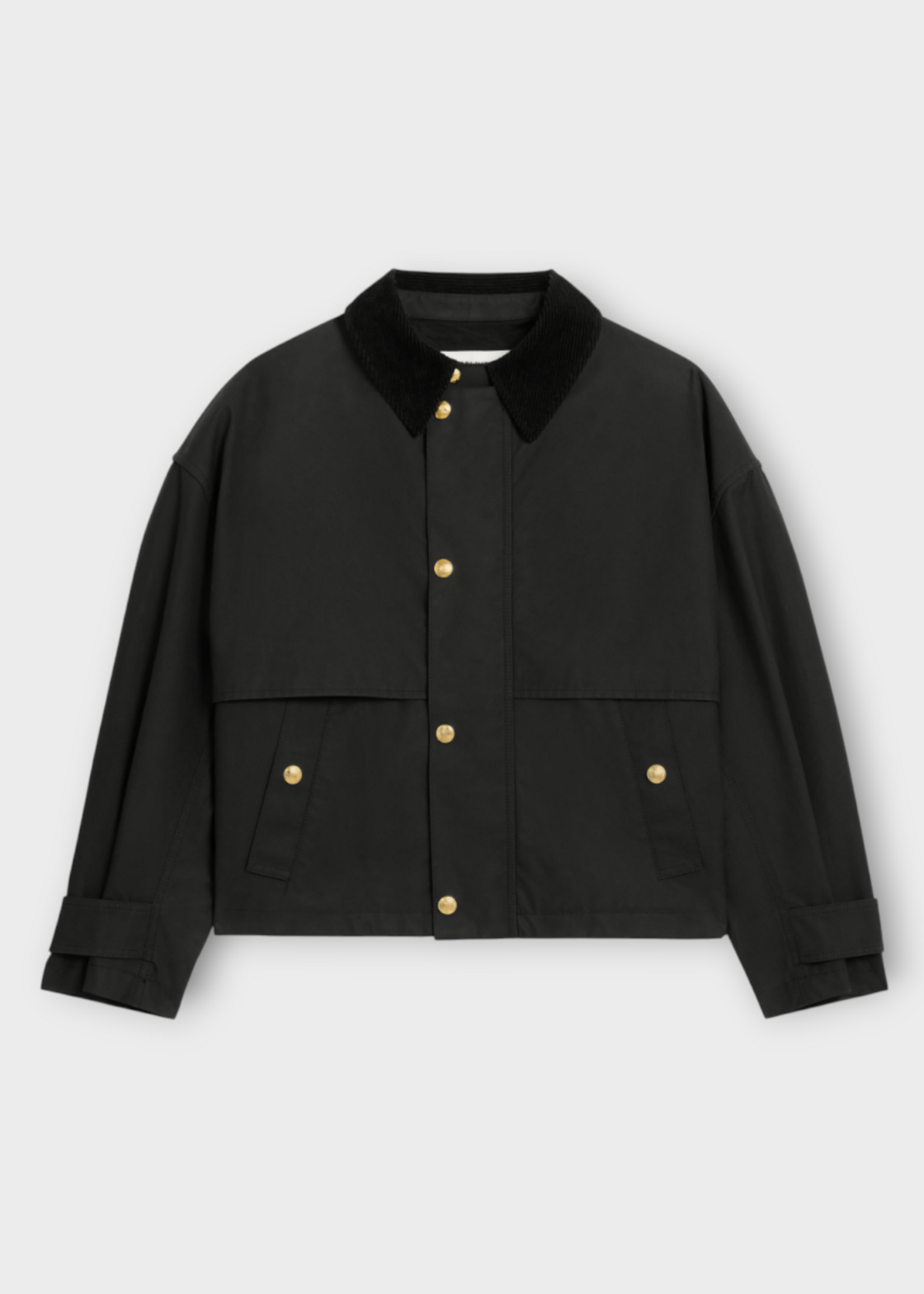 Celine Celine Jacket, Black, Corduroy Collar Button Up Waxed Cotton Jacket