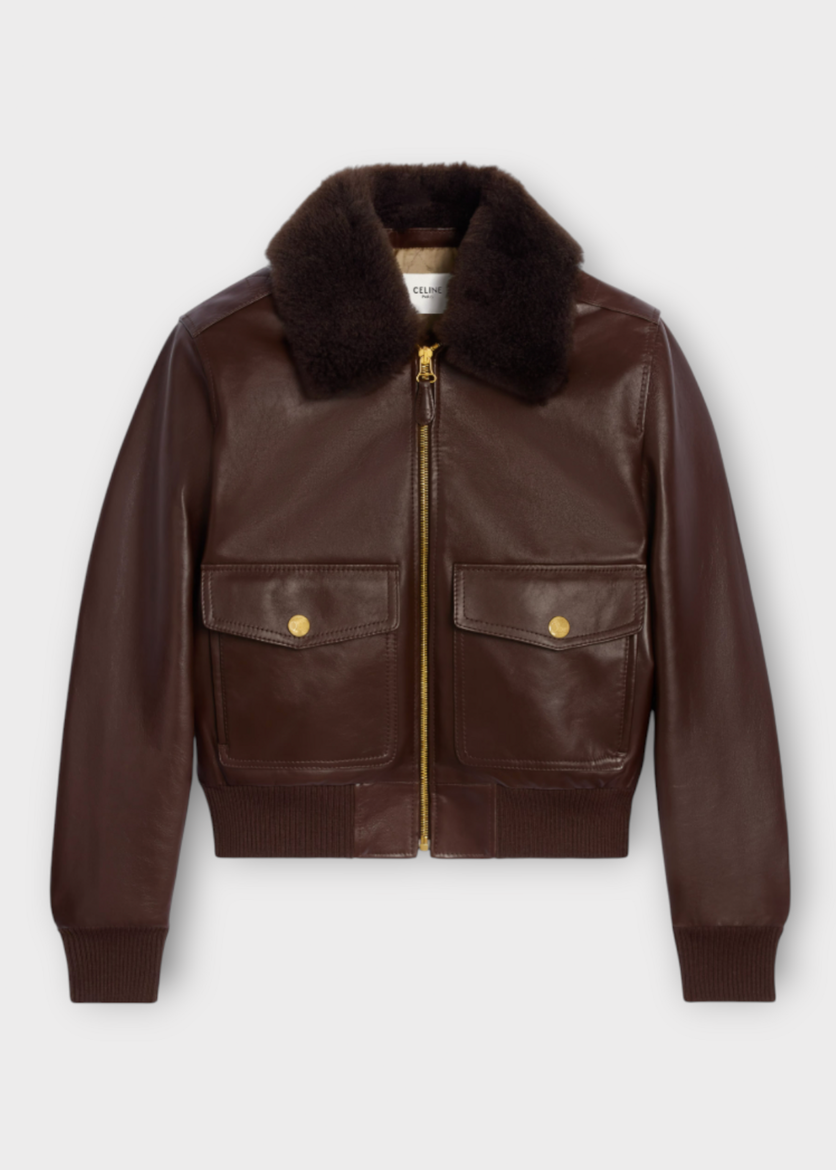 Celine Celine Jacket, Brown, Calf Leather Furry Collar Zip Up Bomber Jacket In Chocolate