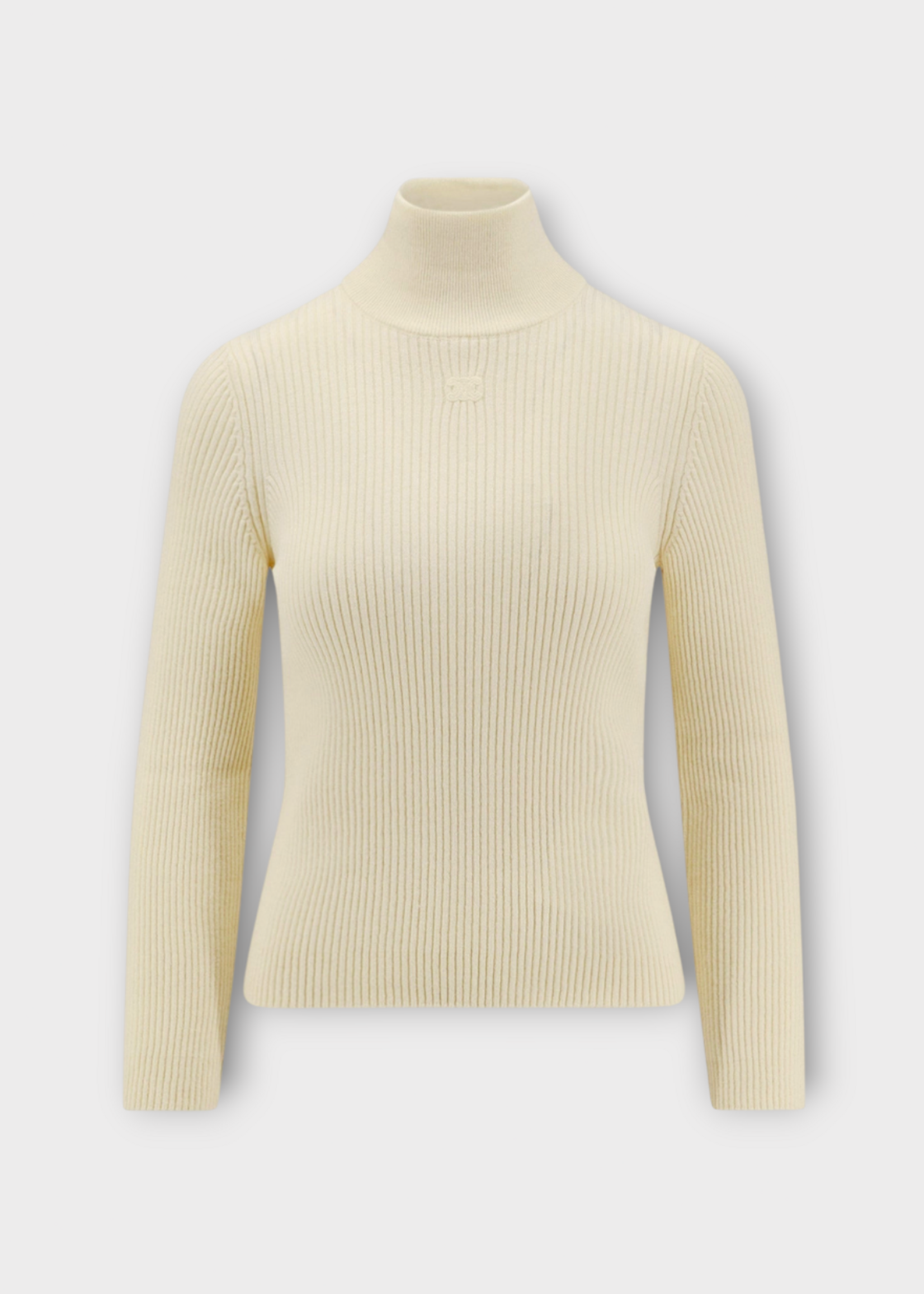 Celine Celine Knitwear, White, Cashmere Wool Turtle Neck Ribbed Sweater In Off White