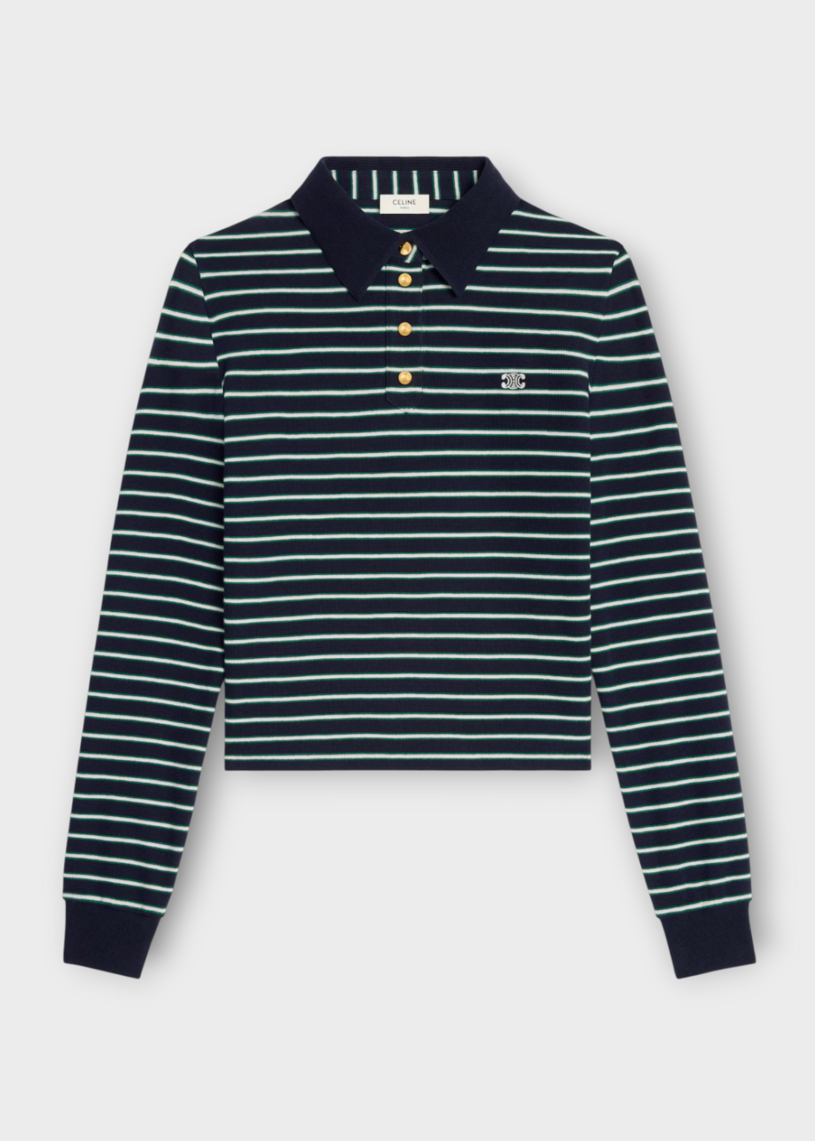 Celine Celine Polo, Multi, Cotton Collared Long Sleeve Stripe Knit T-Shirt In Navy & White