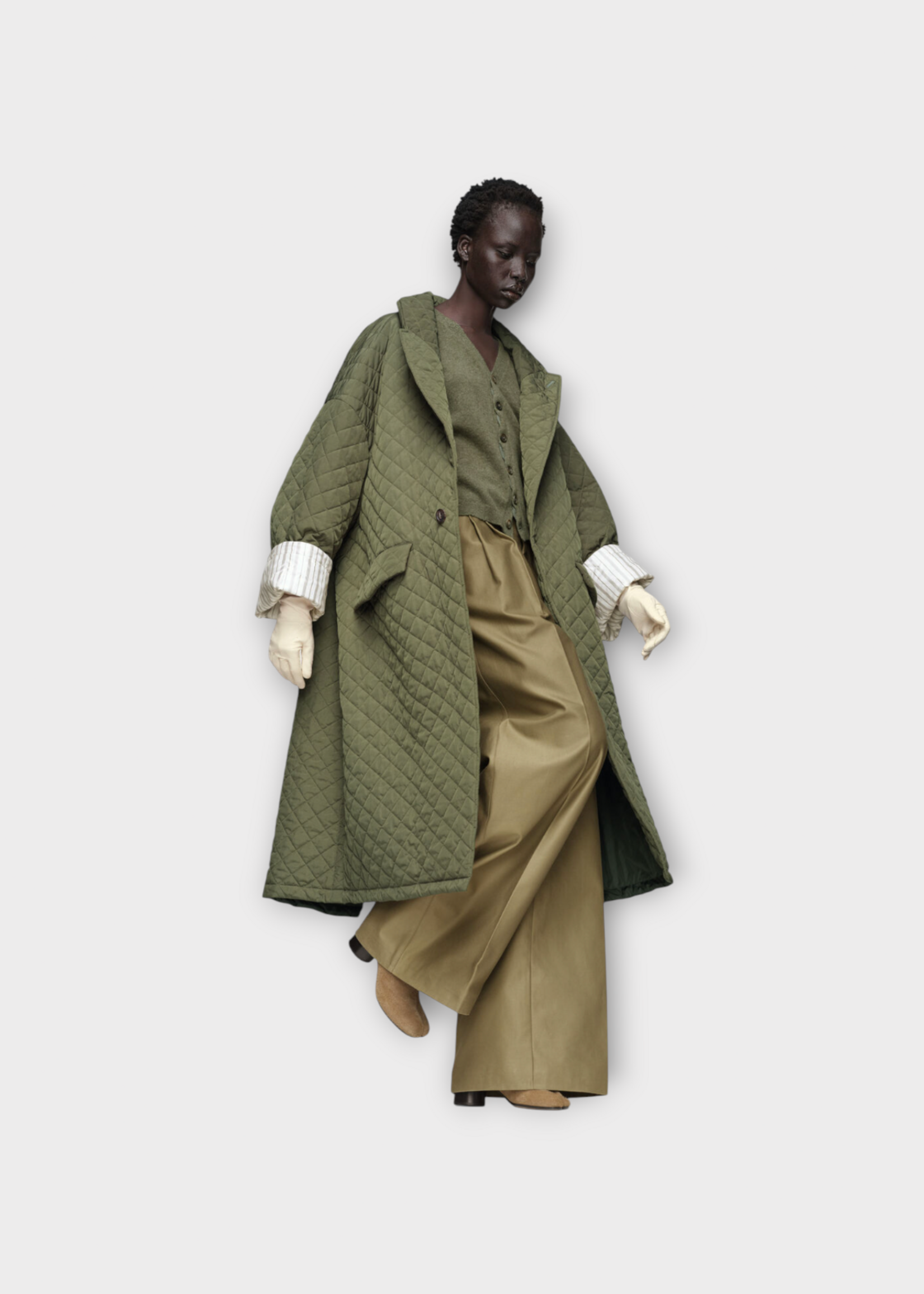 Maison Margiela Maison Margiela Coat, Green, Relaxed Fit Quilted Coat In Military Green w/ Rolled Up Sleeves