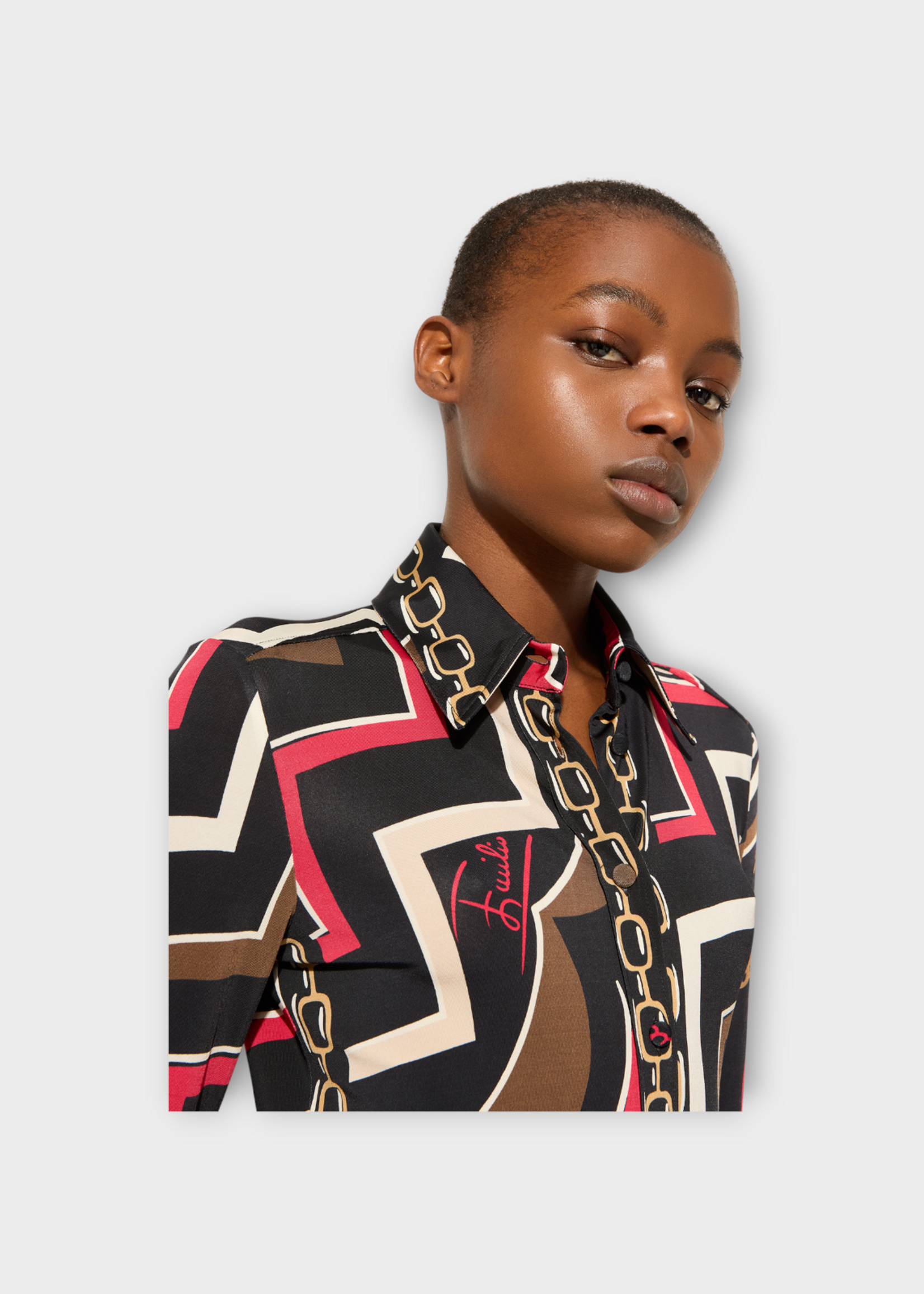 Pucci Pucci Shirt, Print, Jersey Satin Slim Fit Collared Shirt In Gold & Red w/ Istrice Print