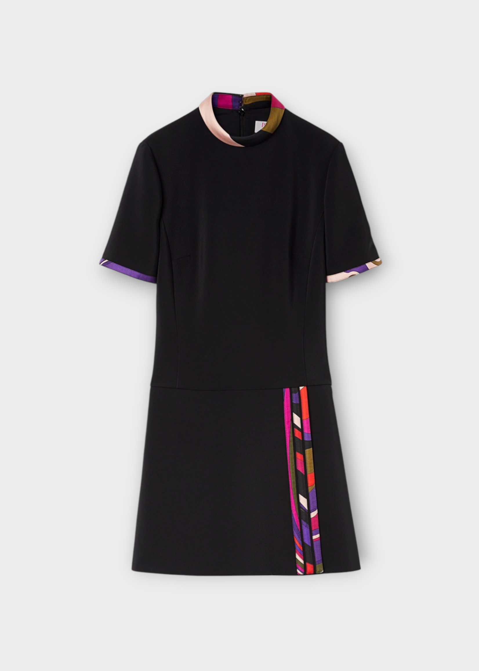 Pucci Pucci Dress, Black, High Collar Short Sleeve Mini Dress In Black w/ Contrasting Printed Trim