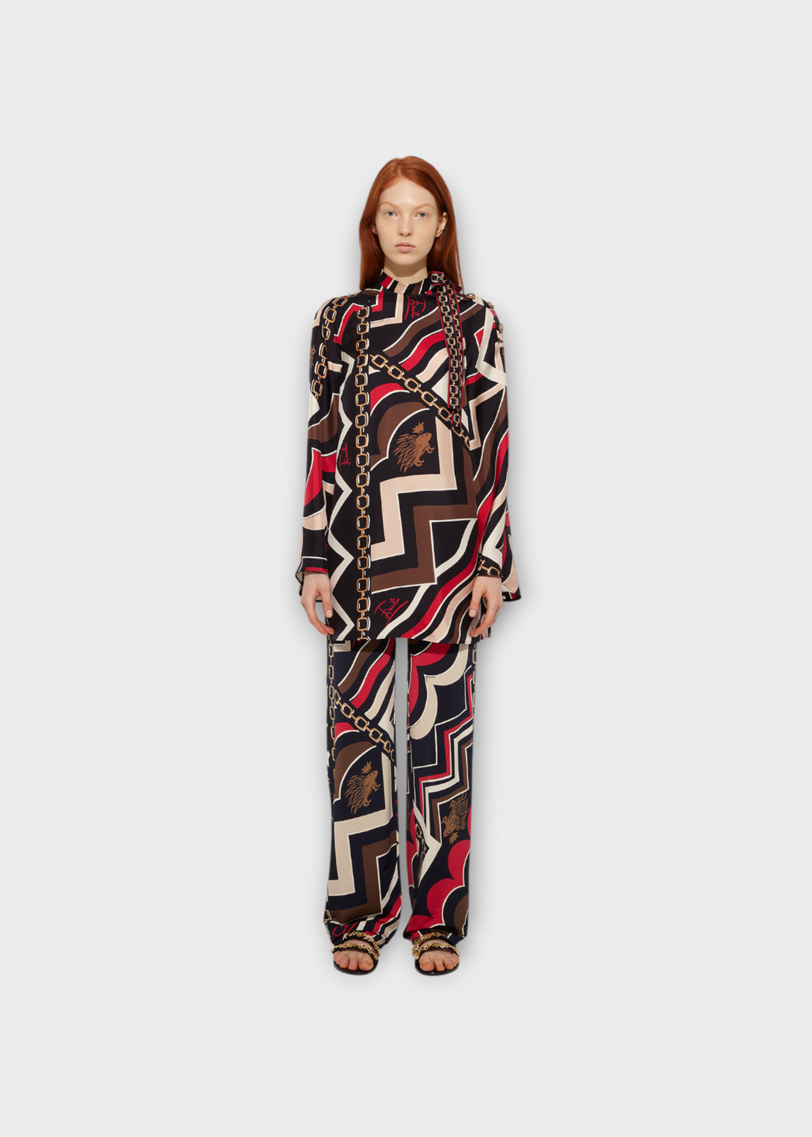 Pucci Pucci Dress, Print, Silk Twill High Collar Long Angel Sleeves Mini Dress In Gold & Red w/ Istrice Print