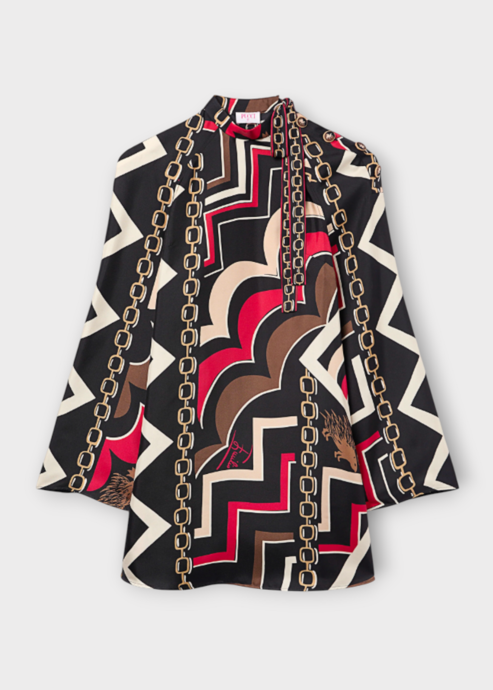 Pucci Pucci Dress, Print, Silk Twill High Collar Long Angel Sleeves Mini Dress In Gold & Red w/ Istrice Print