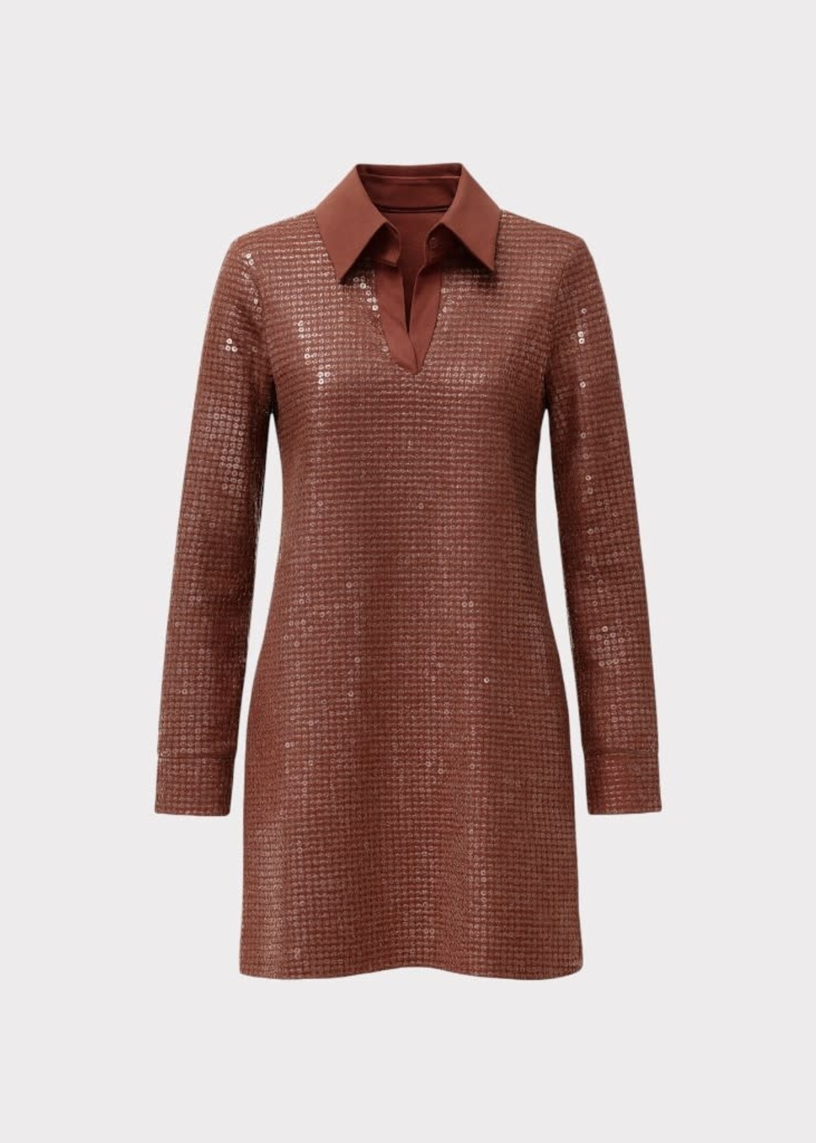 Conner Ives Conner Ives Dress, Brown, Sequin Jersey Polo Long Sleeve Mini Dress In Chocolate