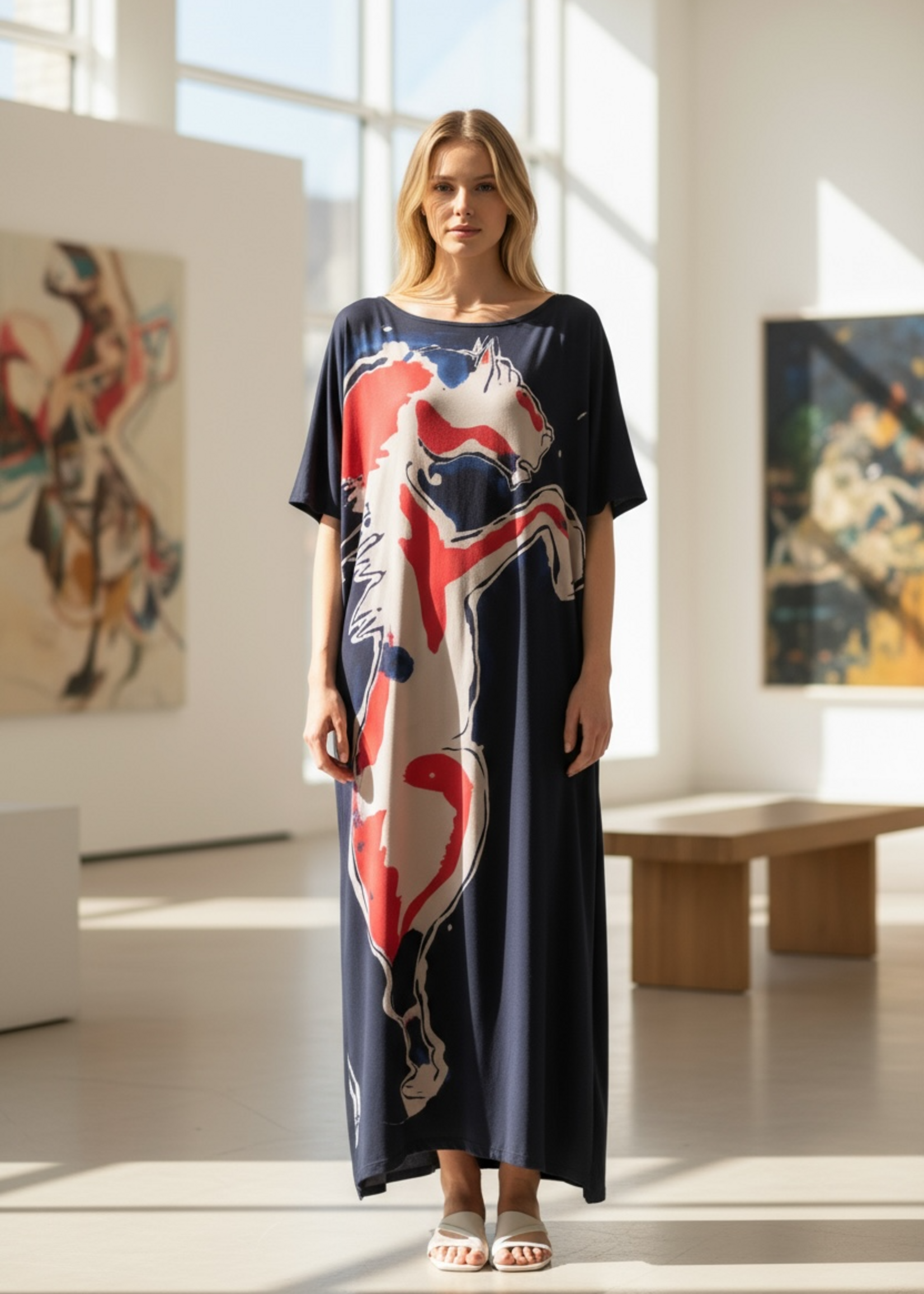 Conner Ives Conner Ives Dress, Print, Silk Chifon Bottle Neck Sleeveless Hand Painted Equine Dress