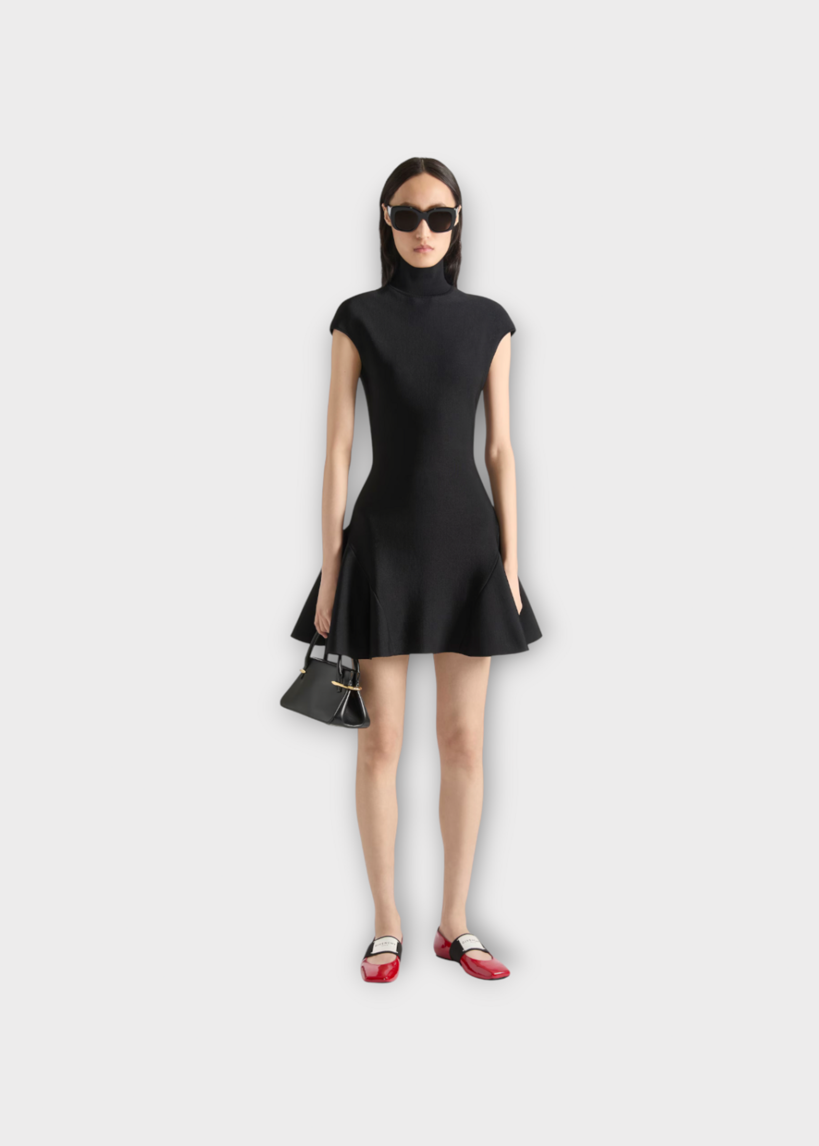 Givenchy Givenchy Dress, Black, Turtle Neck Short Sleeve Knitted Flared Skirt Dress