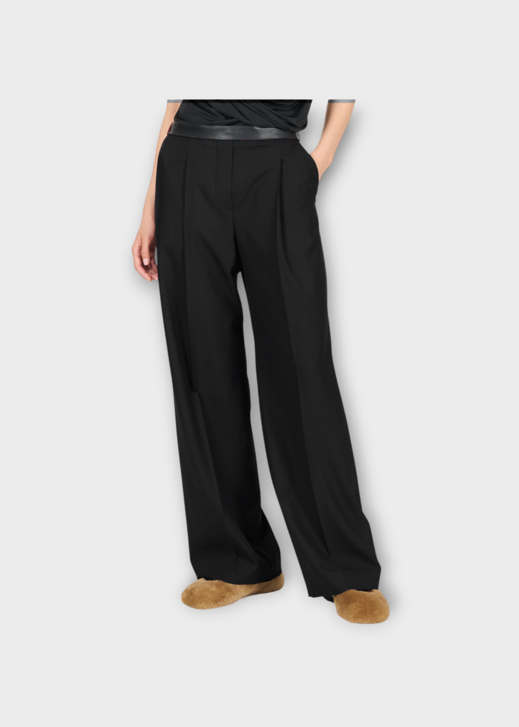 Loewe Loewe Trousers, Black, Wool Straight Leg Pleated Pants In Black