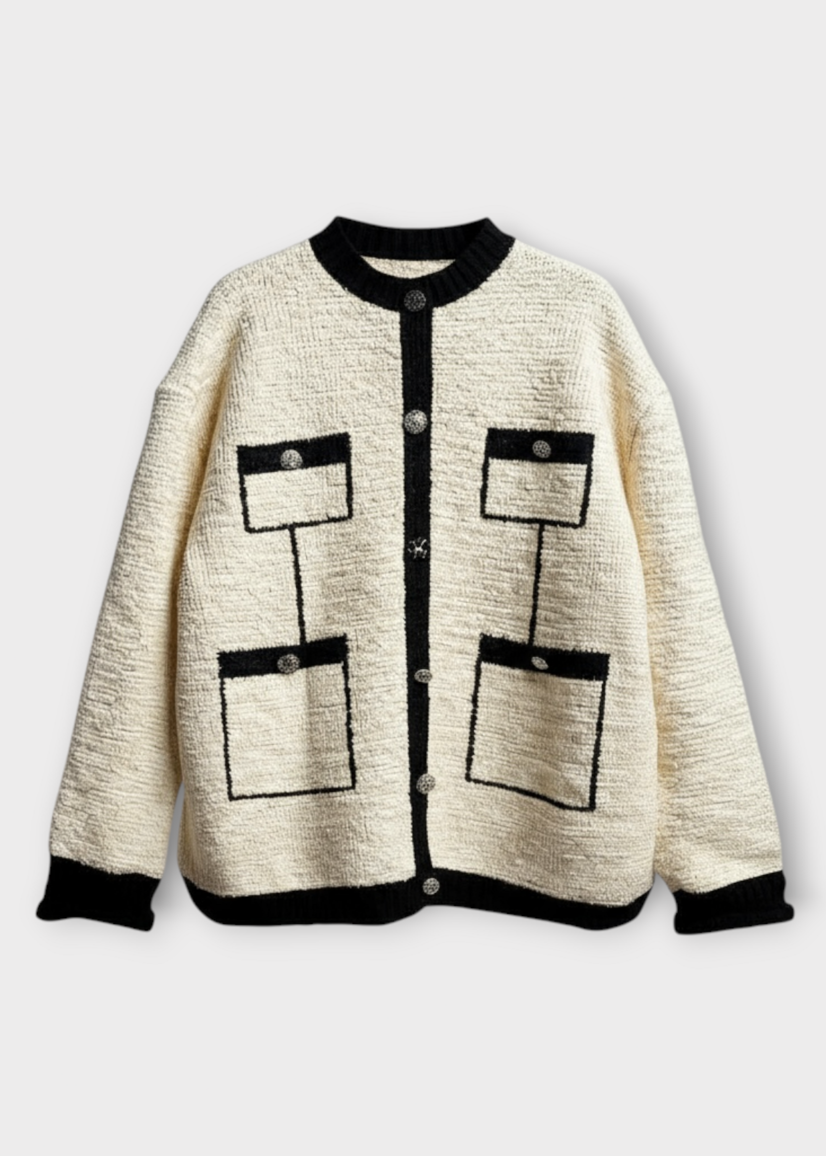 Marie Adam-Leenaerdt Marie Adam-Leenaerdt Knitwear, Multi, Crew Neck Covered Tweed Sweater Chenille In Black & White #35