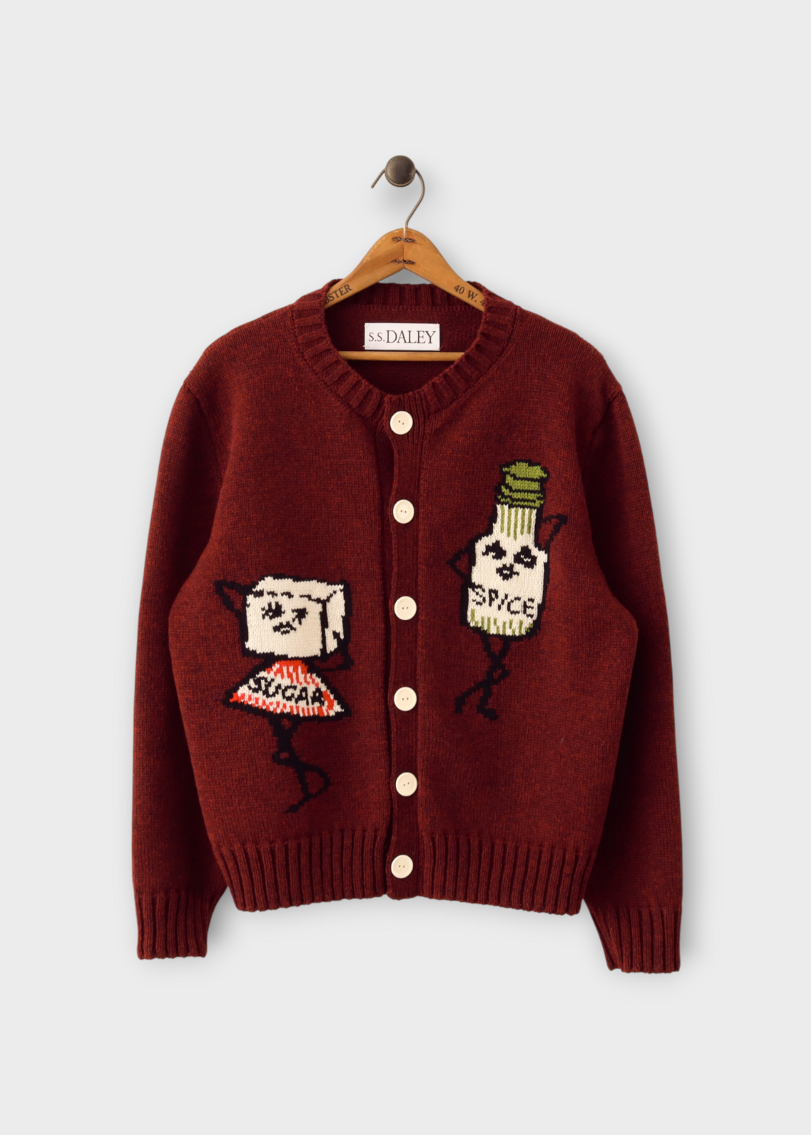 S.S.Daley S.S.Daley Knitwear, Red, Sugar & Spice Lambswool Crew Neck Cardigan in Maroon #26