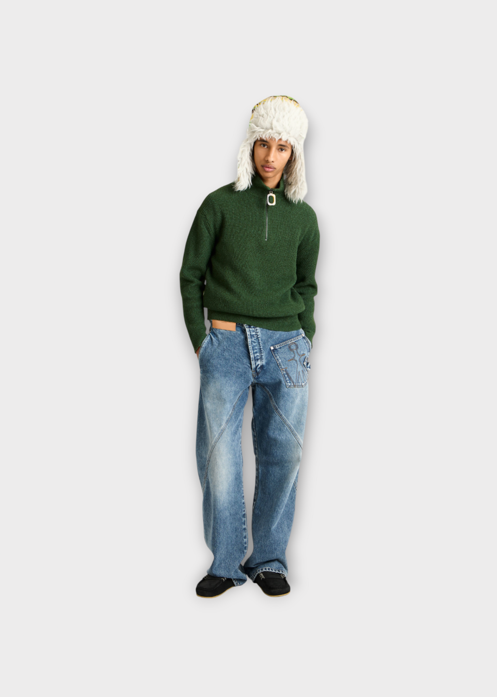 J.W. Anderson J.W. Anderson Knitwear, Green, Cotton & Wool Mix Half Zip Jumper In Pine
