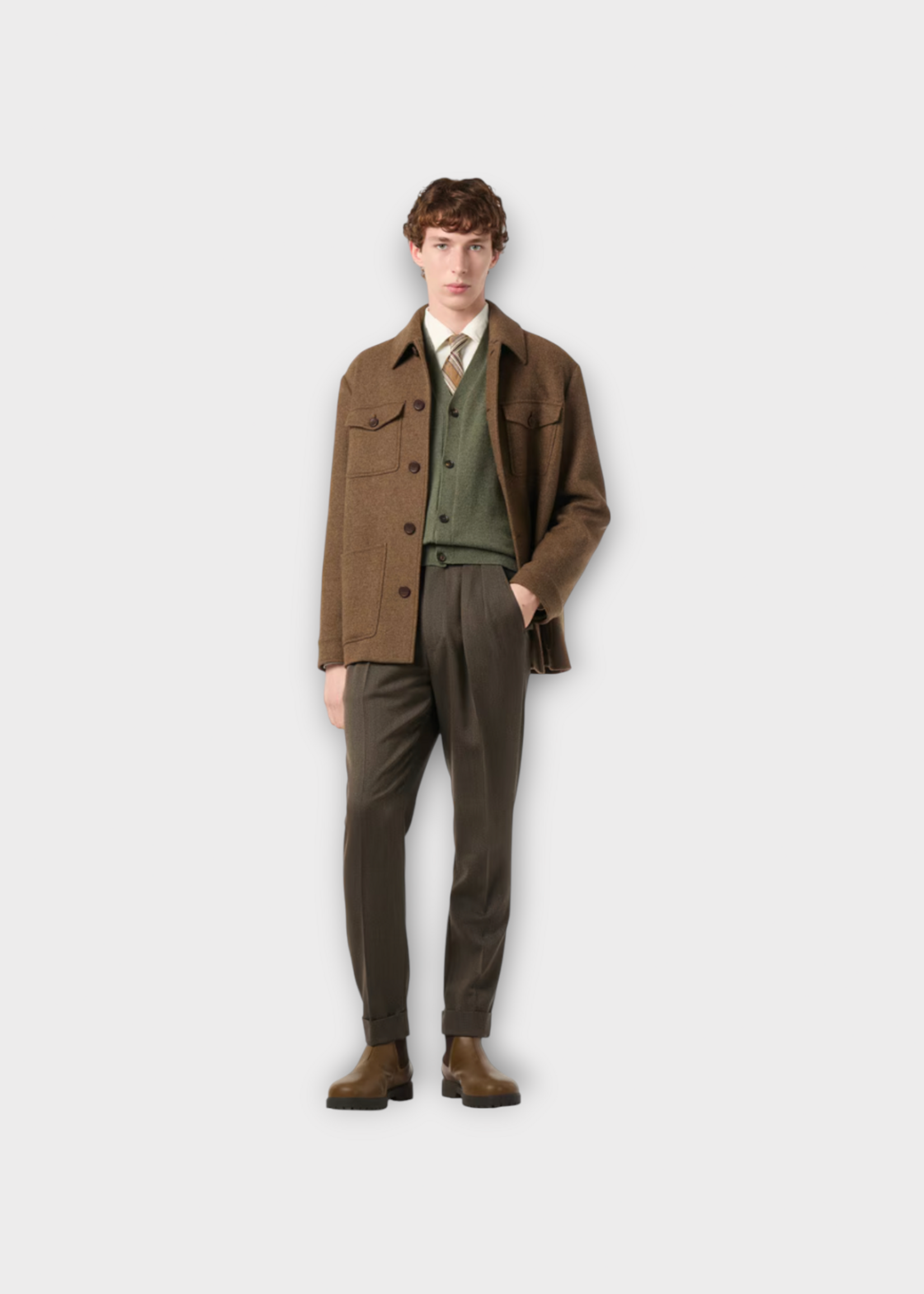 Loro Piana Loro Piana Coat, Brown, Devis Wool & Cashmere Collared Buttoned Caban In Light Brown Chevron w/ Patch Pockets