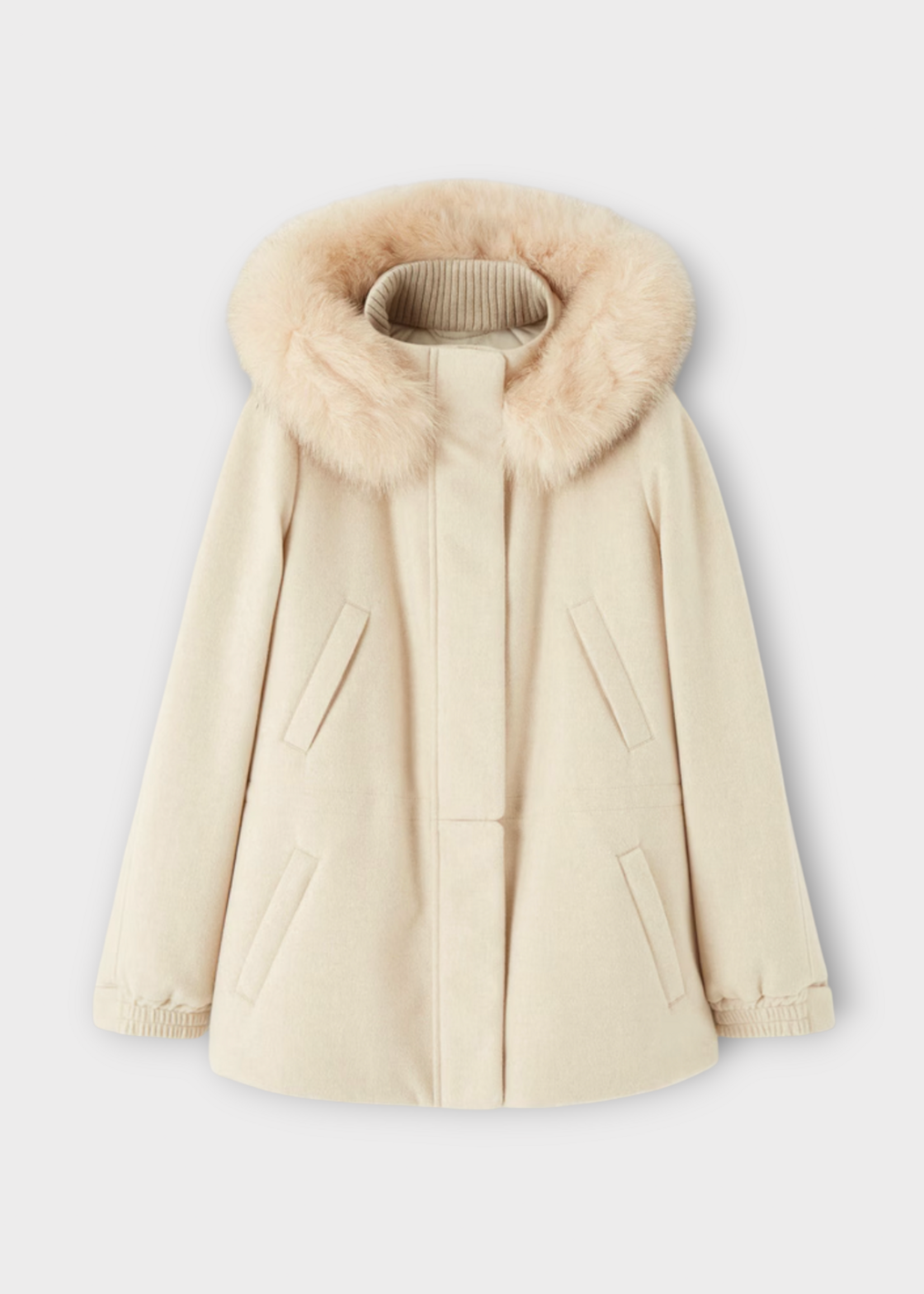 Loro Piana Loro Piana Coat, White, Icery Cashmere Storm Resistant Short Jacket in Natural Melange w/ Fox Fur Hoodie