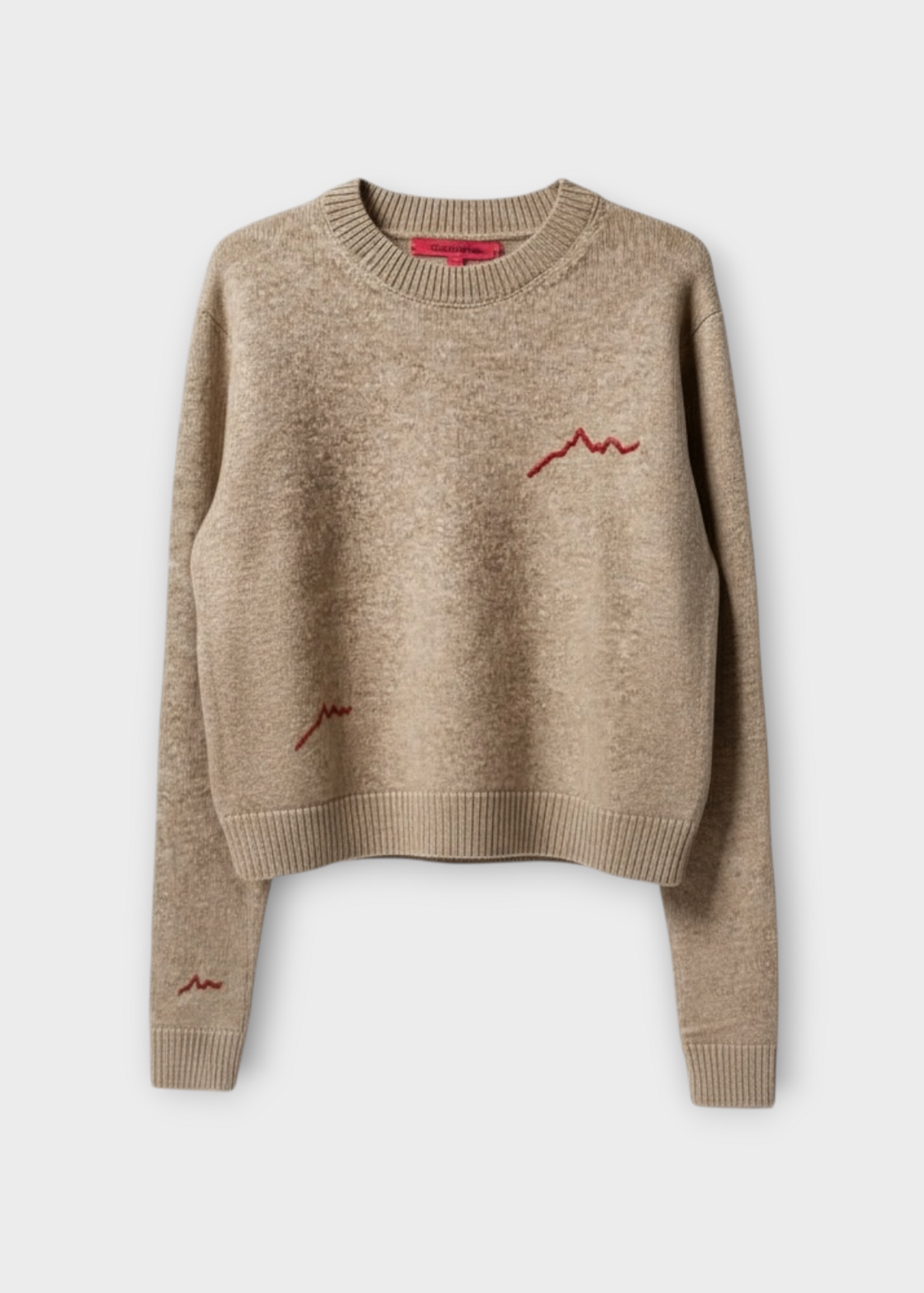 The Elder Statesman The Elder Statesman Knitwear, Beige, Cashmere Simple Crew Neck in Beige w/ Red Mountain Embroidery x TASONI