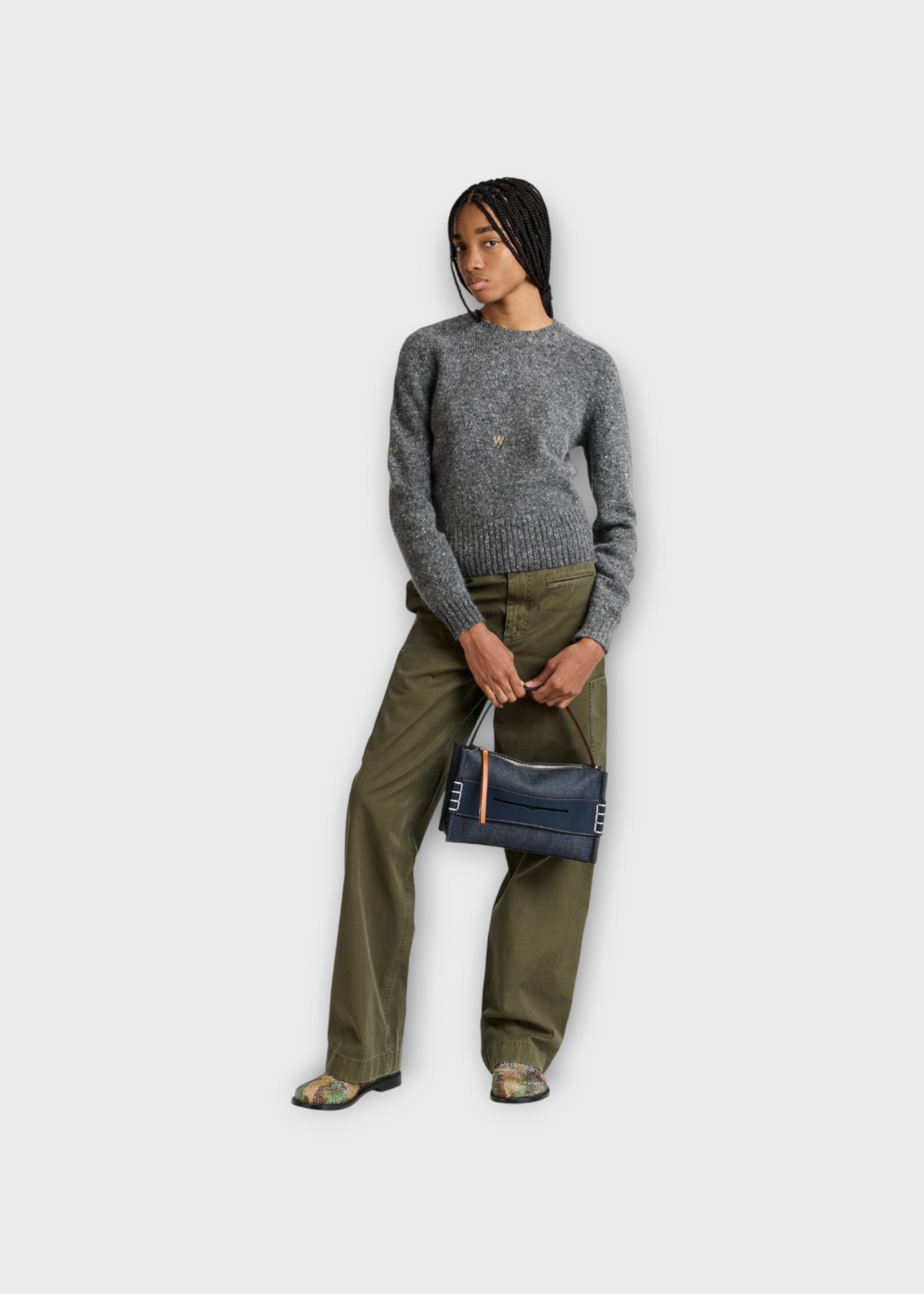 J.W. Anderson J.W. Anderson Knitwear, Grey, Merino Wool & Mohair Crew Neck Long Sleeve Embroidered Jumper In Charcoal Melange