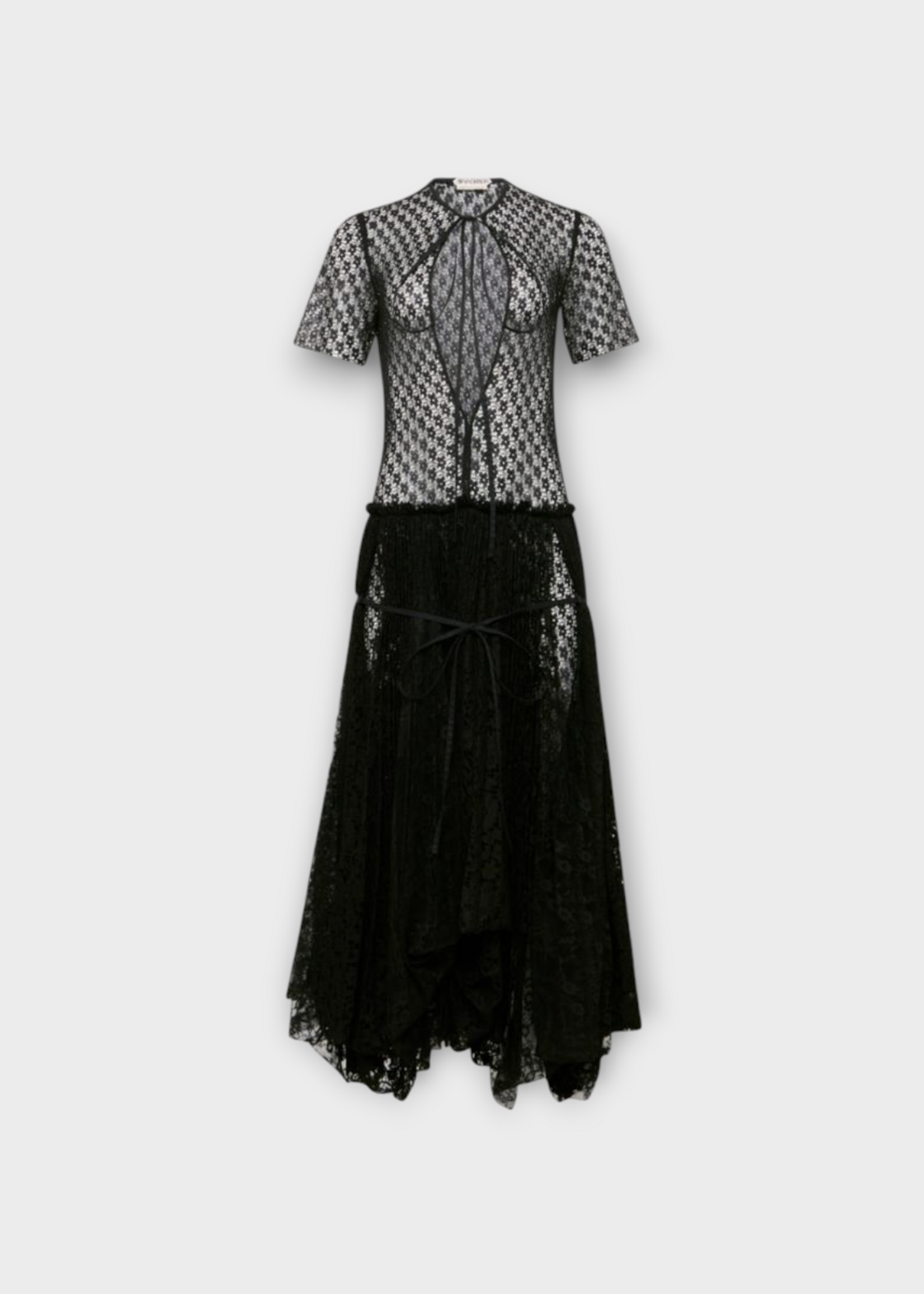 J.W. Anderson J.W. Anderson Dress, Black, Mixed Lace Short Sleeve Pleated Long Dress In Black
