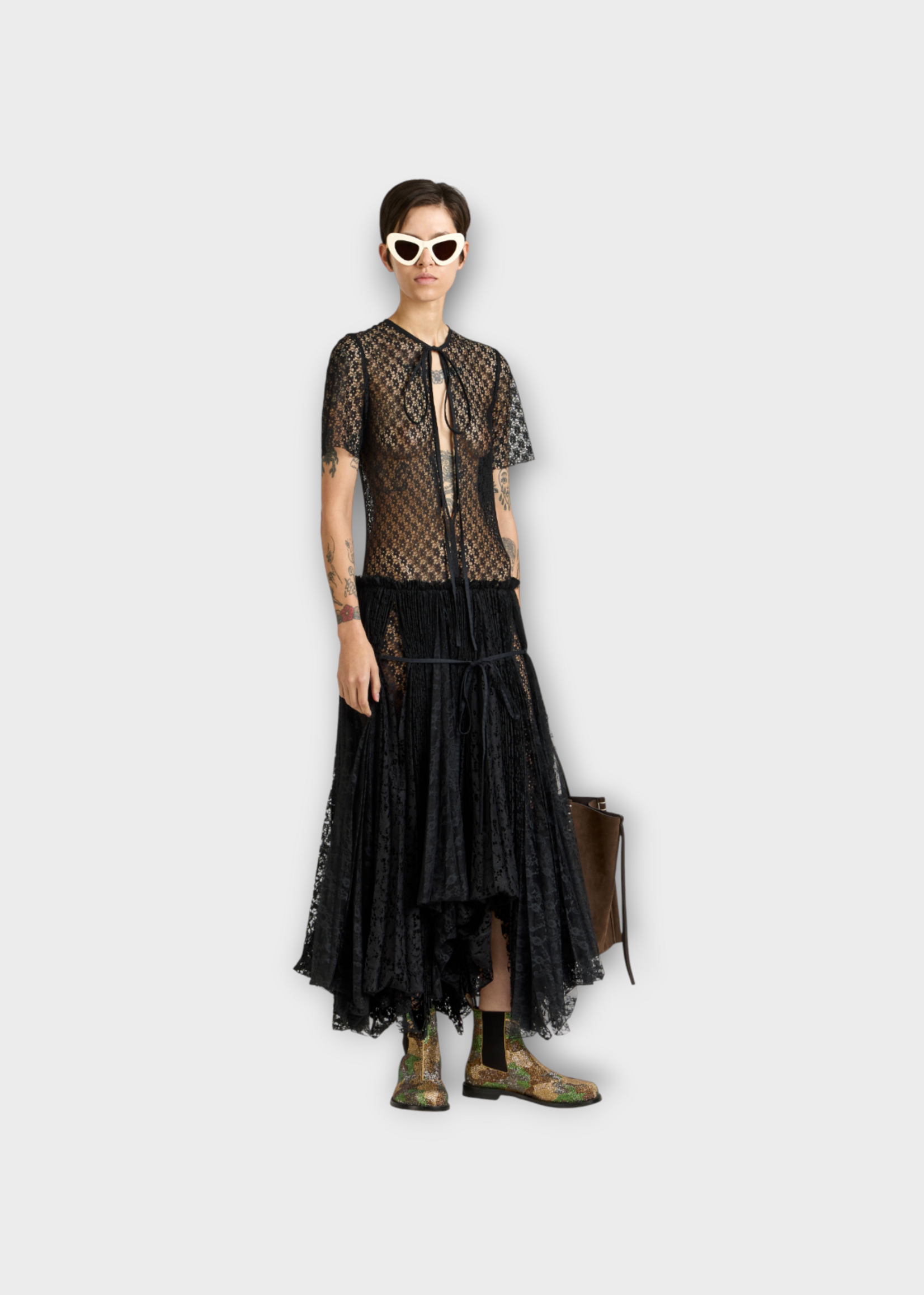 J.W. Anderson J.W. Anderson Dress, Black, Mixed Lace Short Sleeve Pleated Long Dress In Black