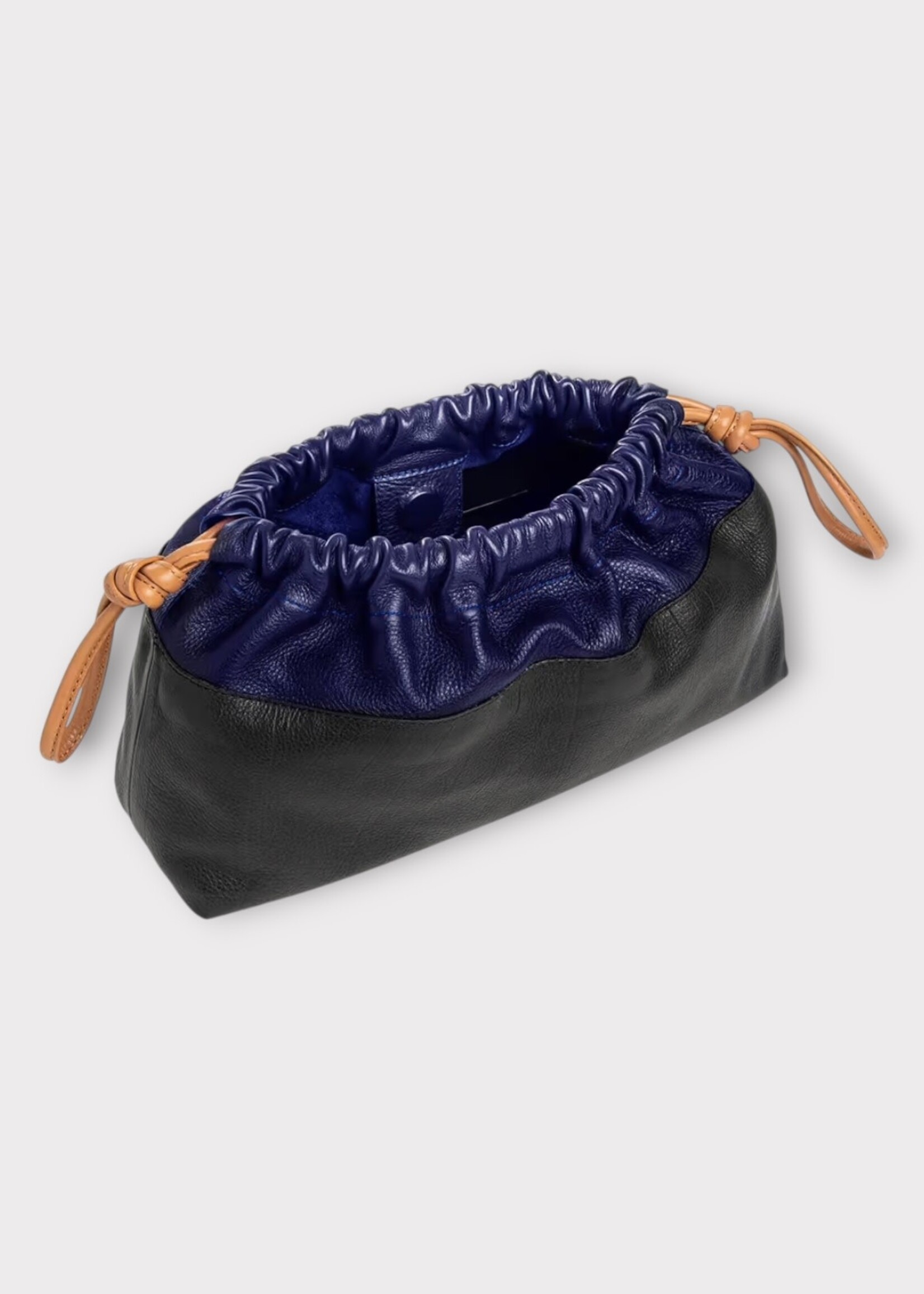 Pierre Hardy Pierre Hardy Clutch Bag, Multi, Grain Calf Leather Knotted Drawstring Twin Bag in Navy & Black w/ Thin Shoulder Strap