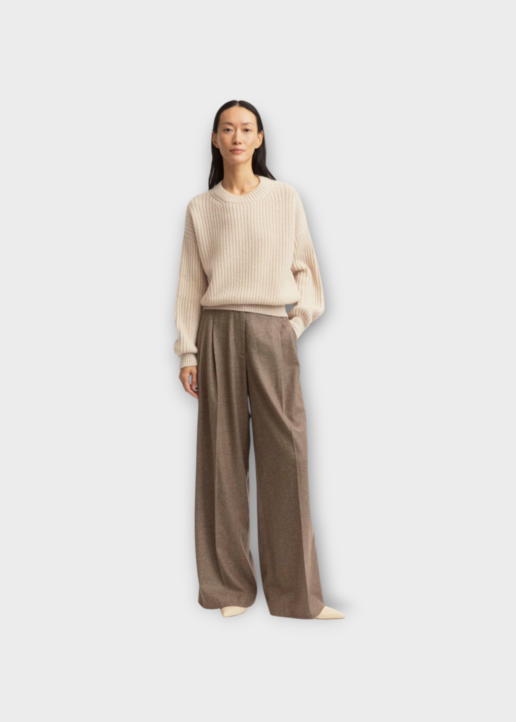 Iris Von Arnim Iris Von Arnim Trousers, Brown, Lupina Mouline Wool & Silk Tailored Wide Leg Pleated Pants In Taupe & White